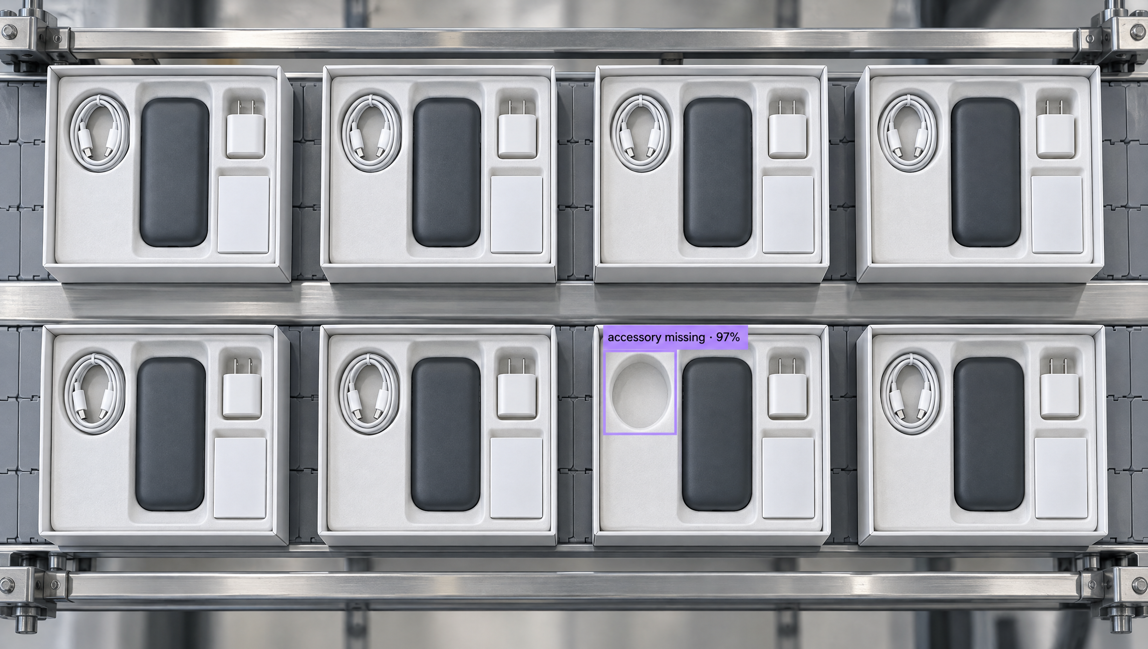 Eight open product boxes on a production line, each containing a device, cable, and charger. AI flags one box for a missing accessory.