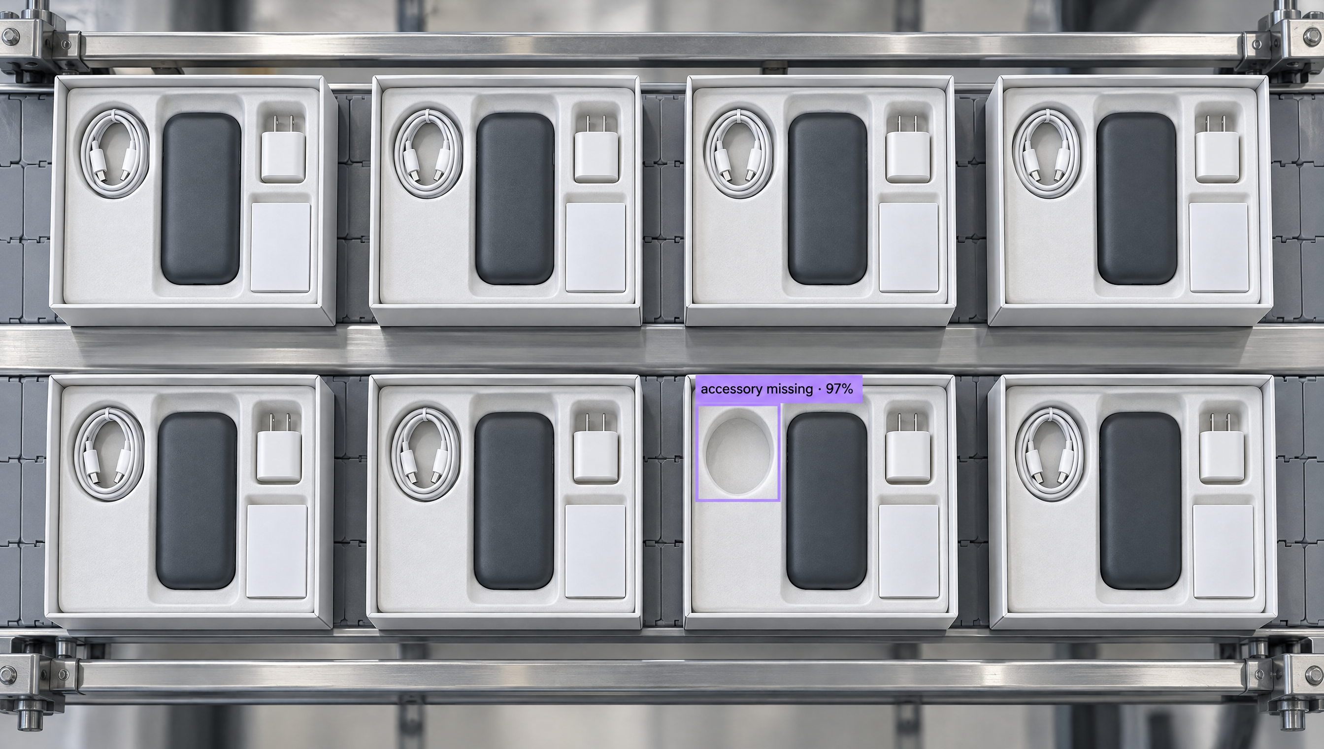 Eight open product boxes on a production line, each containing a device, cable, and charger. AI flags one box for a missing accessory.