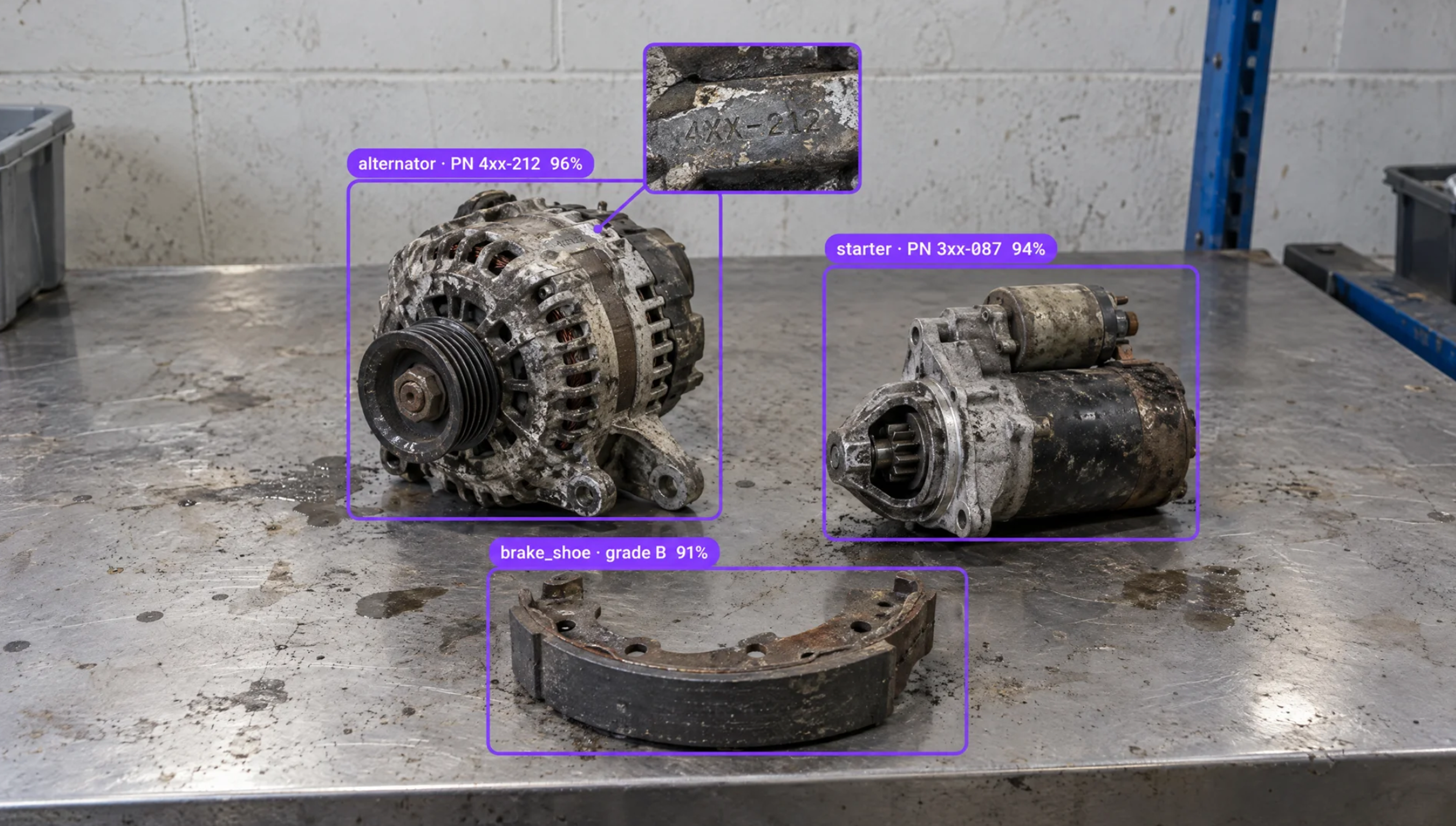 Three used car parts—an alternator, a starter, and a brake shoe—on a metal surface, with AI object detection overlays.
