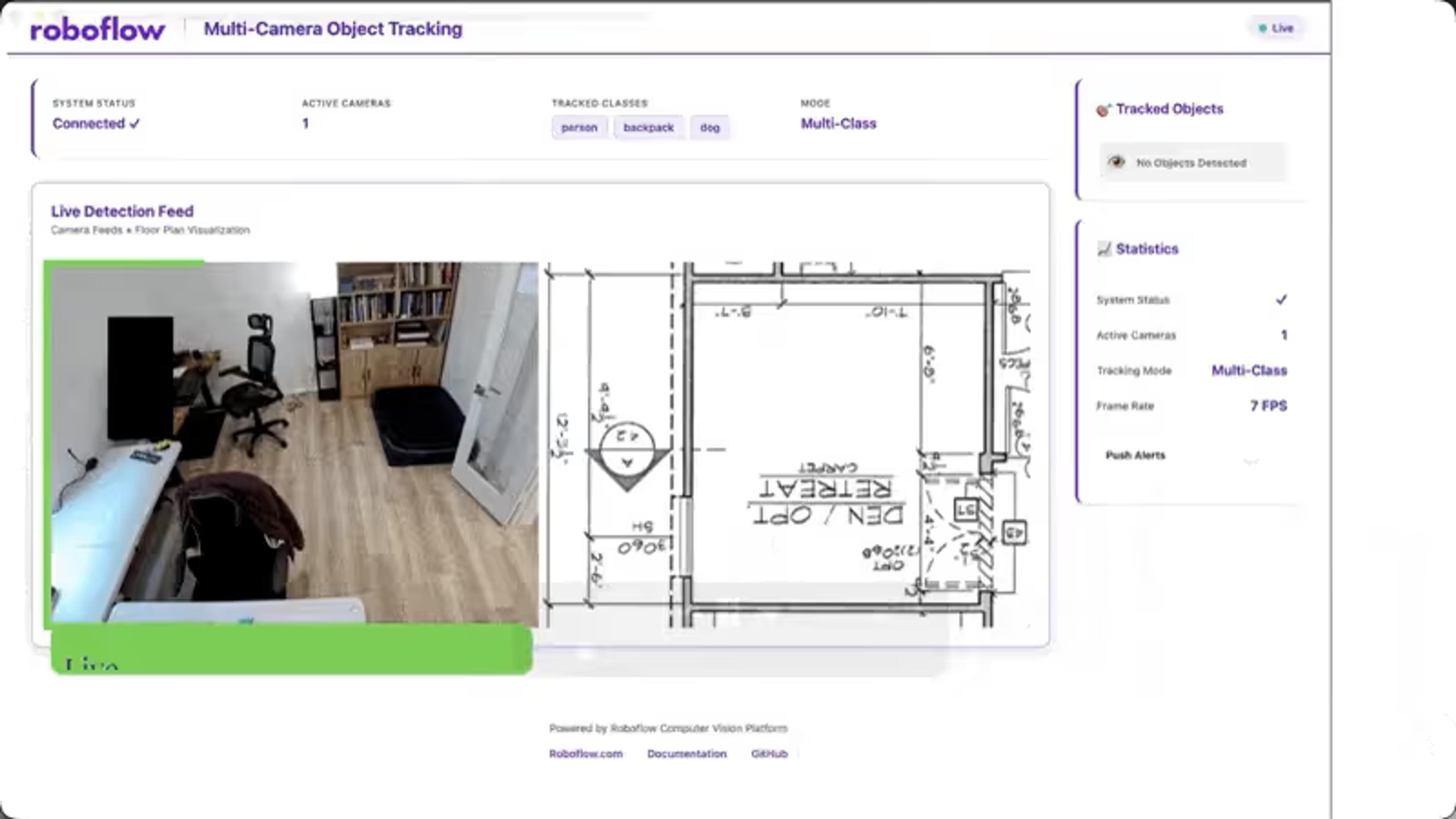 Multi-camera object tracking dashboard with a live detection feed beside a floor plan