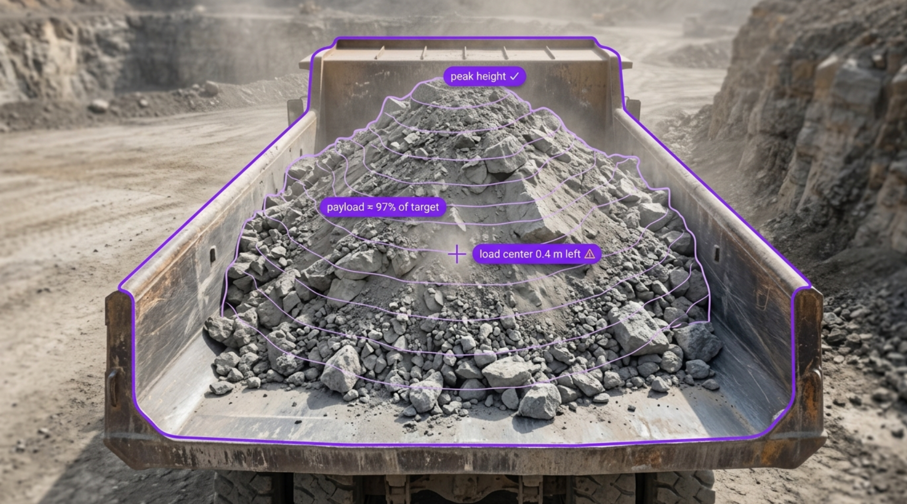 A dump truck bed filled with rocks, showing digital overlay data for payload, peak height, and load center.