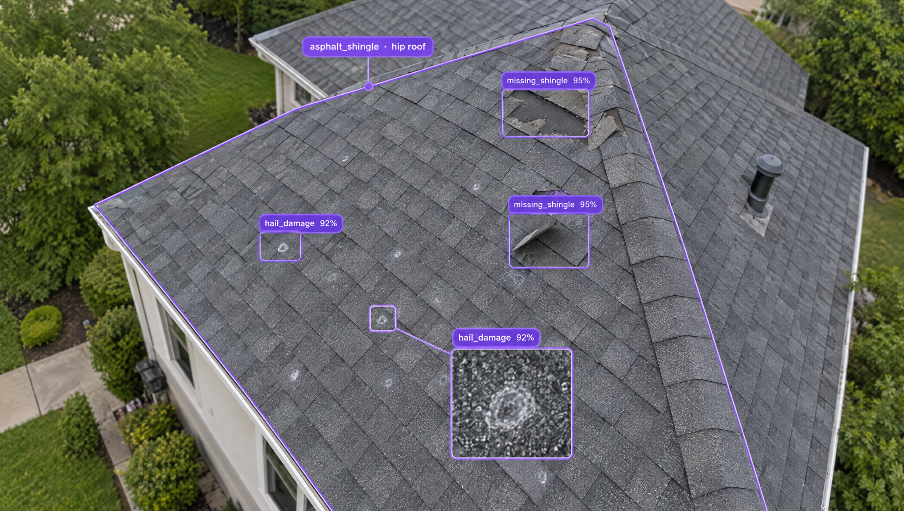Aerial view of an asphalt shingle hip roof with AI annotations highlighting hail damage and missing shingles.