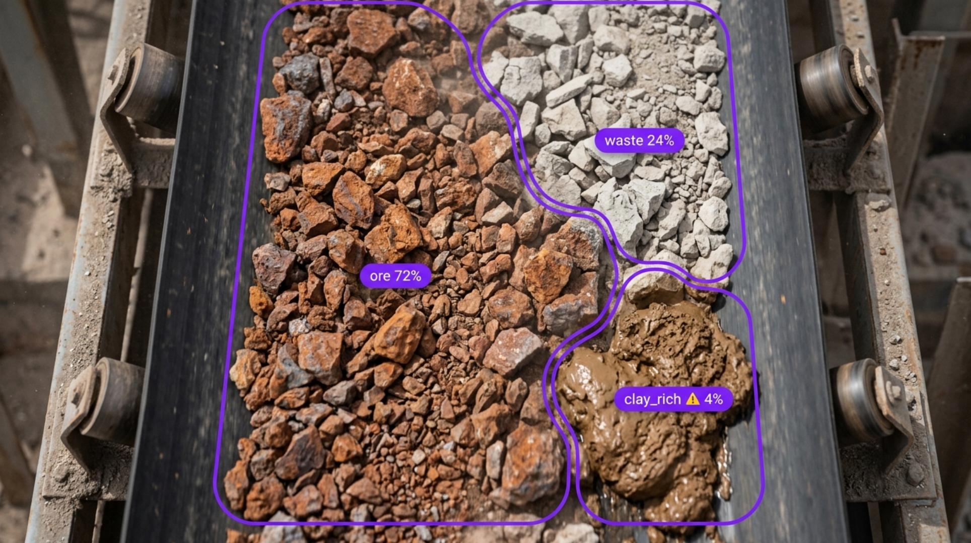 AI analysis of mining materials on a conveyor belt, showing 72% ore, 24% waste, and 4% clay-rich material.