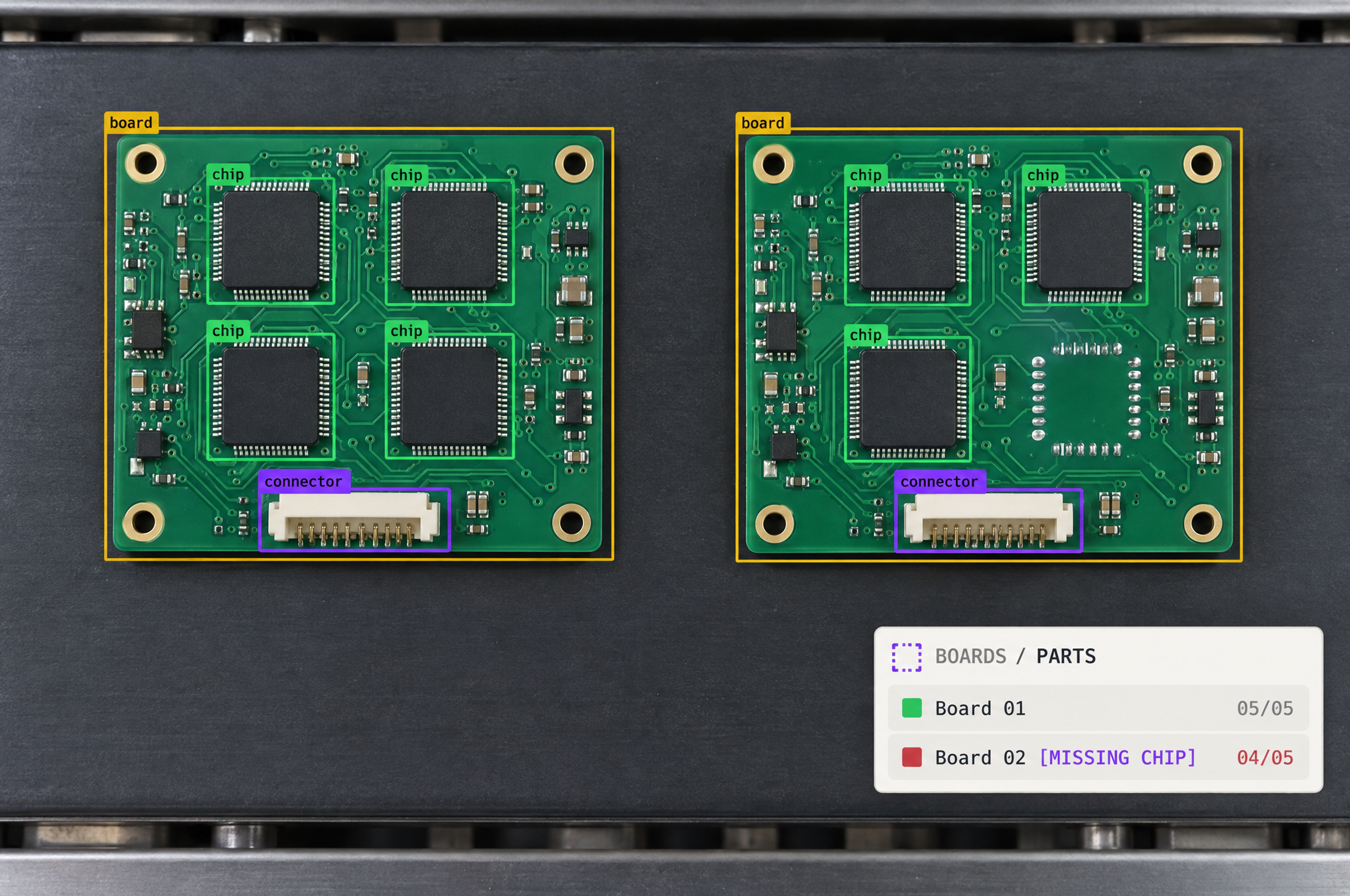 Two circuit boards with object detection annotations, one complete and the other showing a missing chip.