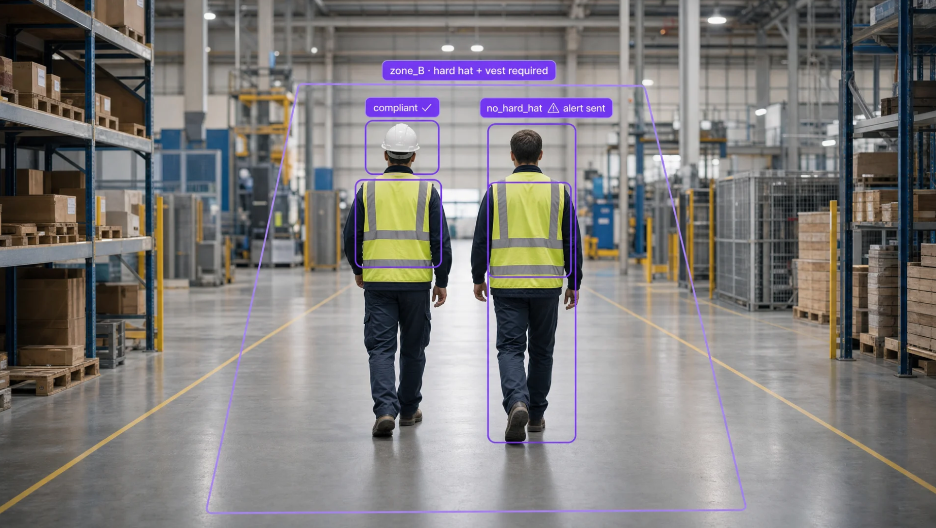 AI monitoring two workers in a warehouse, identifying one compliant with hard hat and vest, and one non-compliant without a hard hat, triggering an alert.