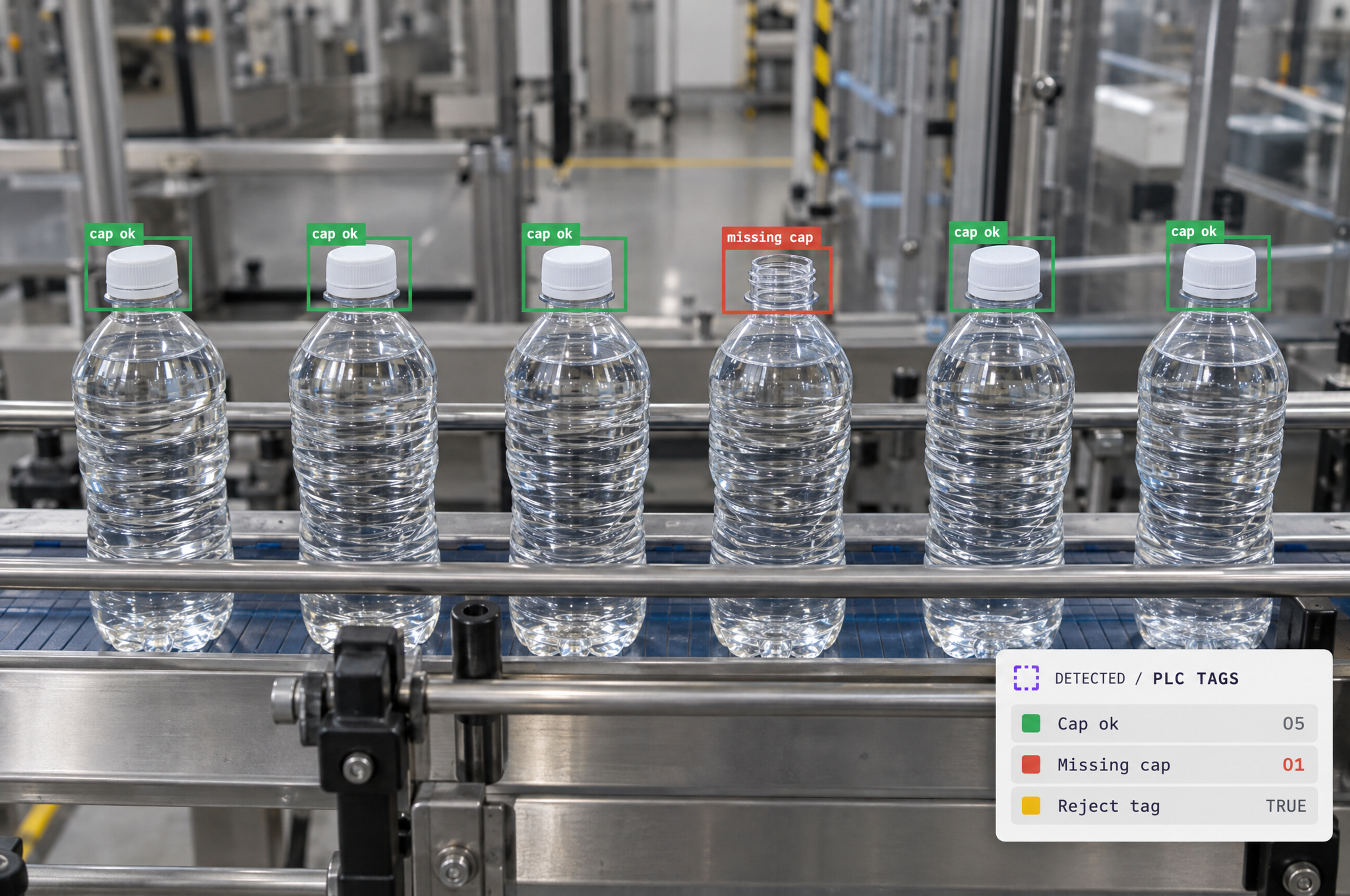 An AI vision system inspects water bottles on a conveyor belt, showing five bottles labeled "cap ok" in green and one with a "missing cap" labeled in red.