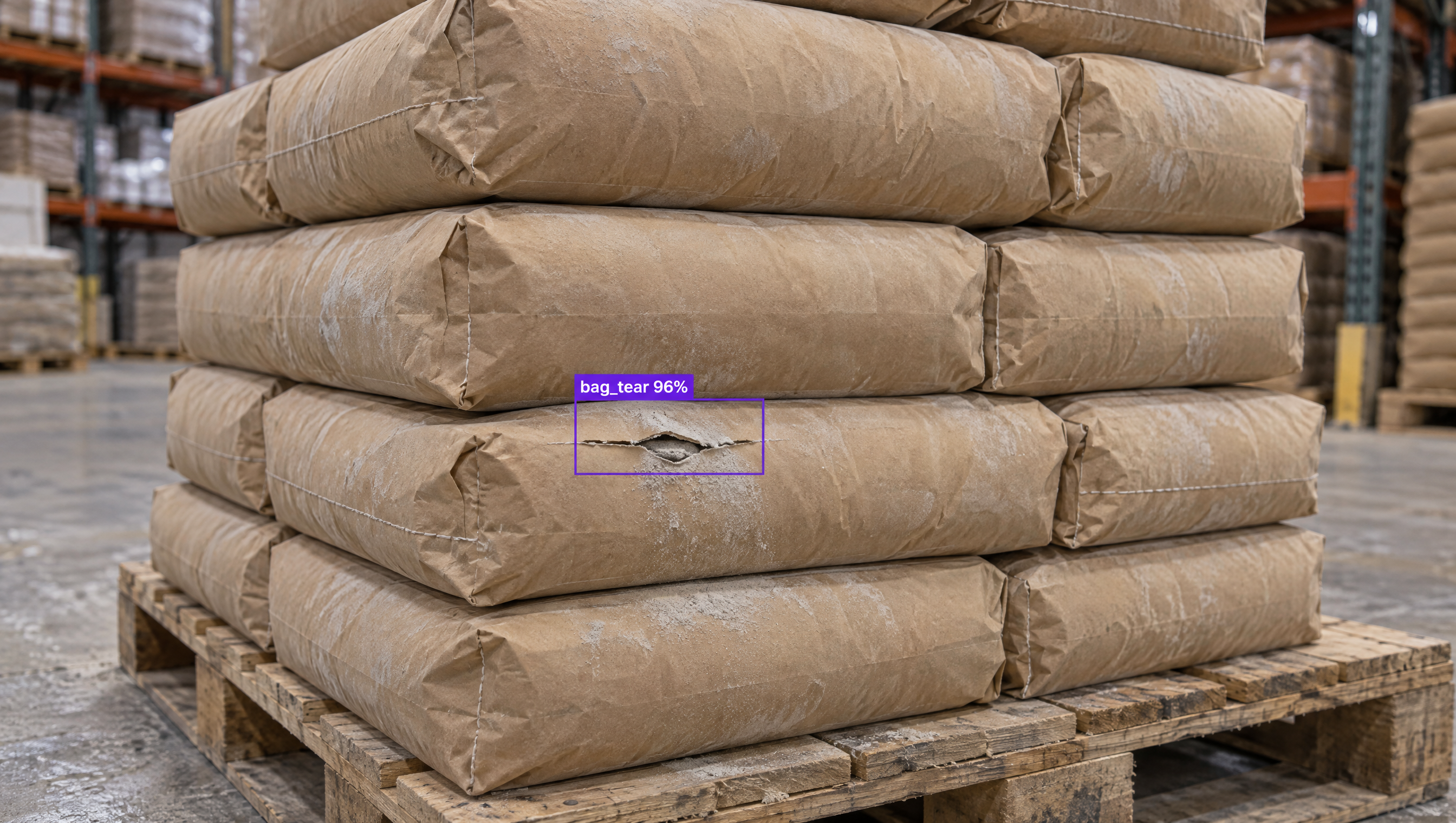 Brown paper bags stacked on a pallet in a warehouse, one bag with an AI-detected tear labeled 'bag_tear 96%'.