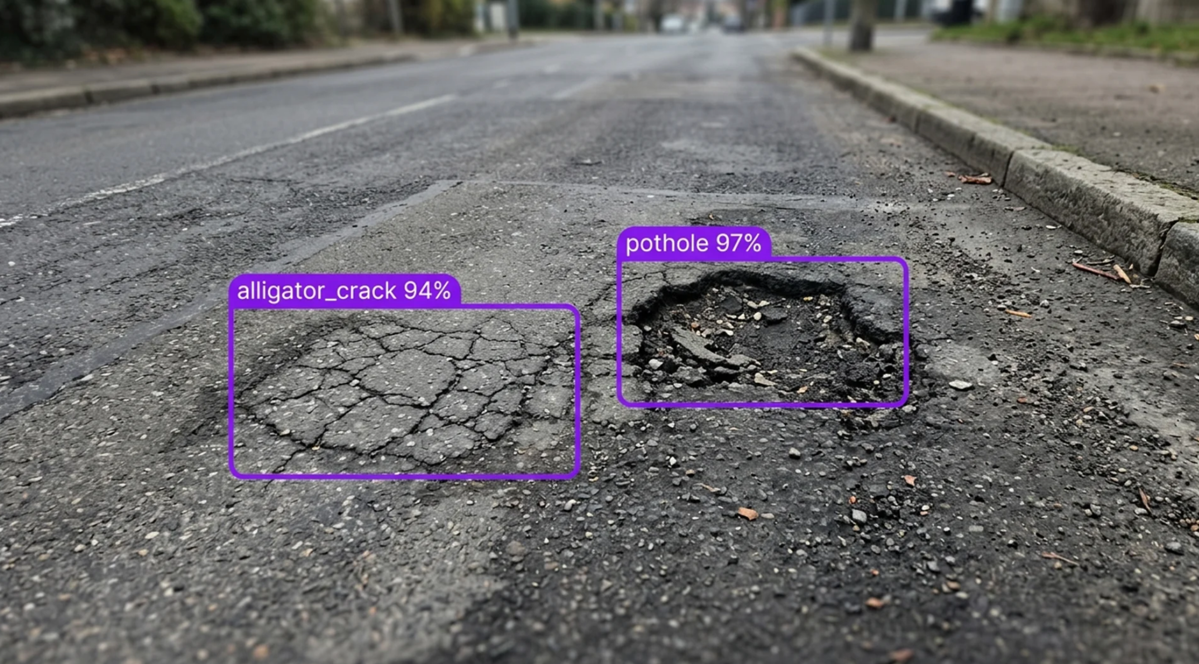 An AI model identifies an alligator crack and a pothole on a damaged asphalt road.