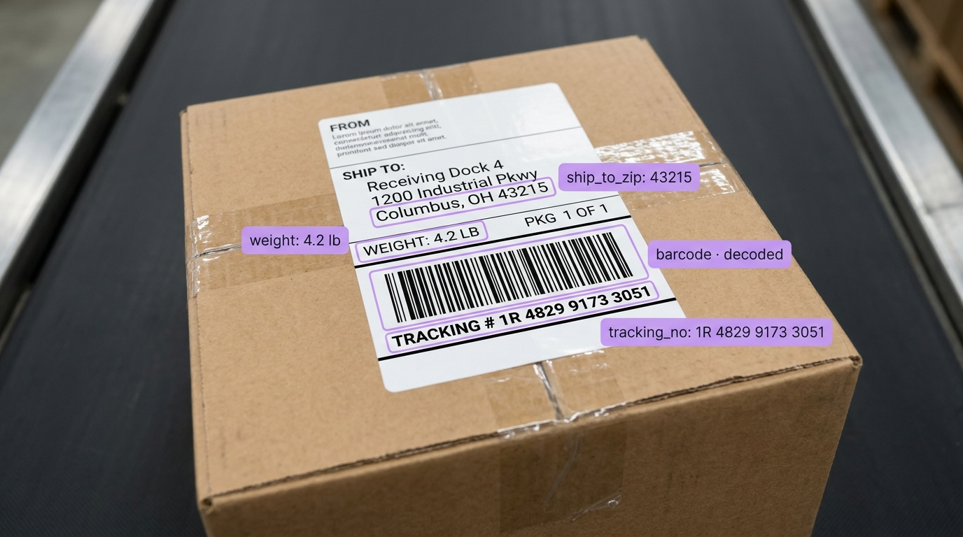 A package on a conveyor belt with its shipping label showing highlighted extracted data like weight, tracking number, and destination.