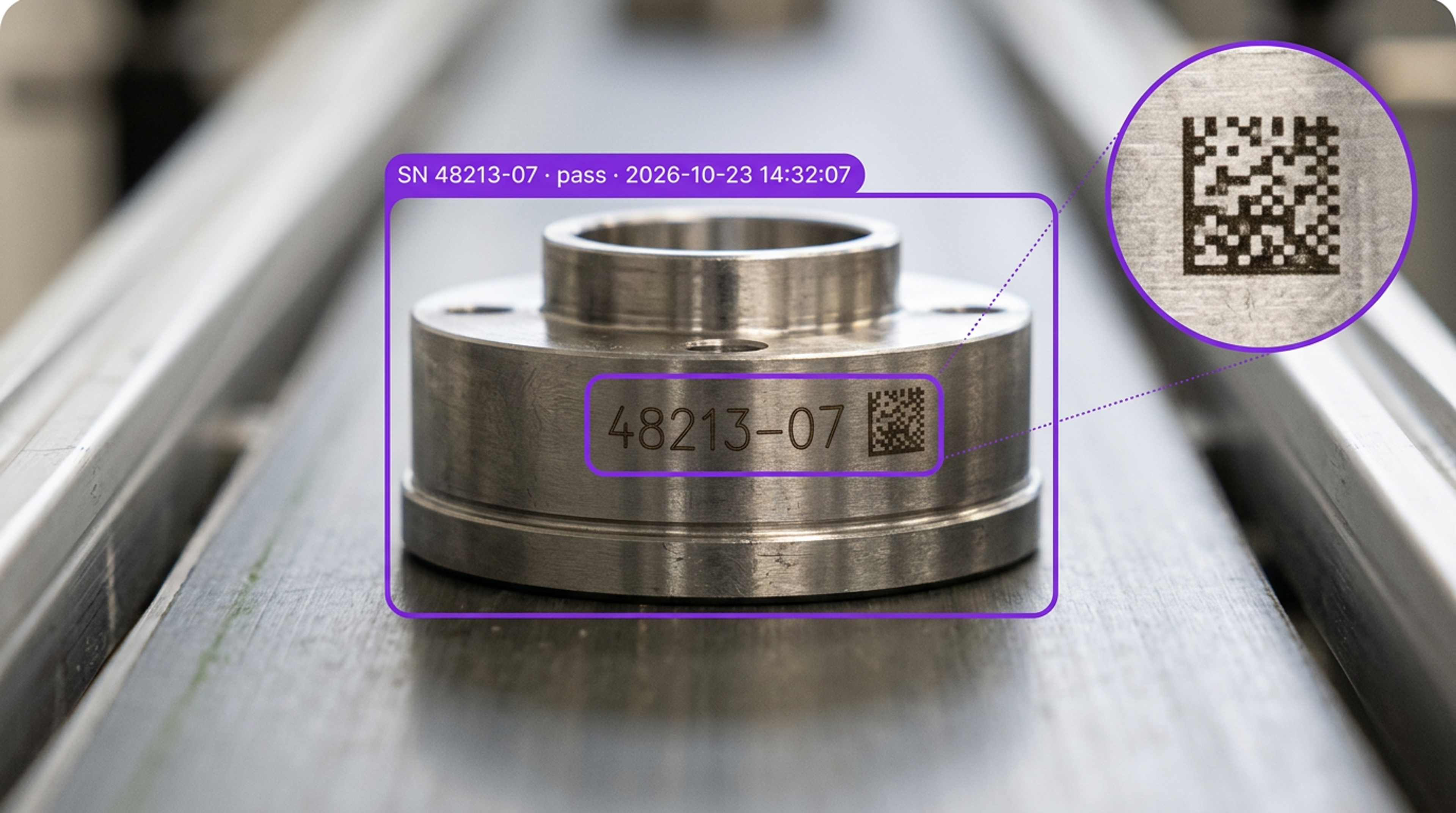 Metal component engraved with serial number '48213-07' and a 2D barcode, shown with a digital overlay indicating 'pass' status.