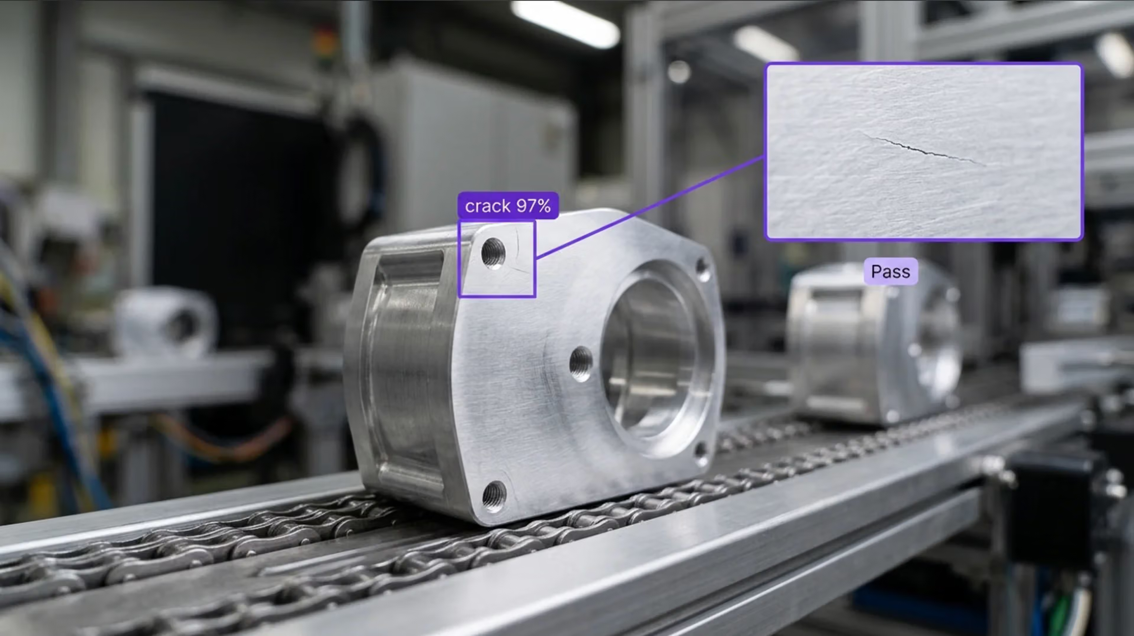 AI visual inspection highlights a crack on a metal part moving on a factory conveyor belt.