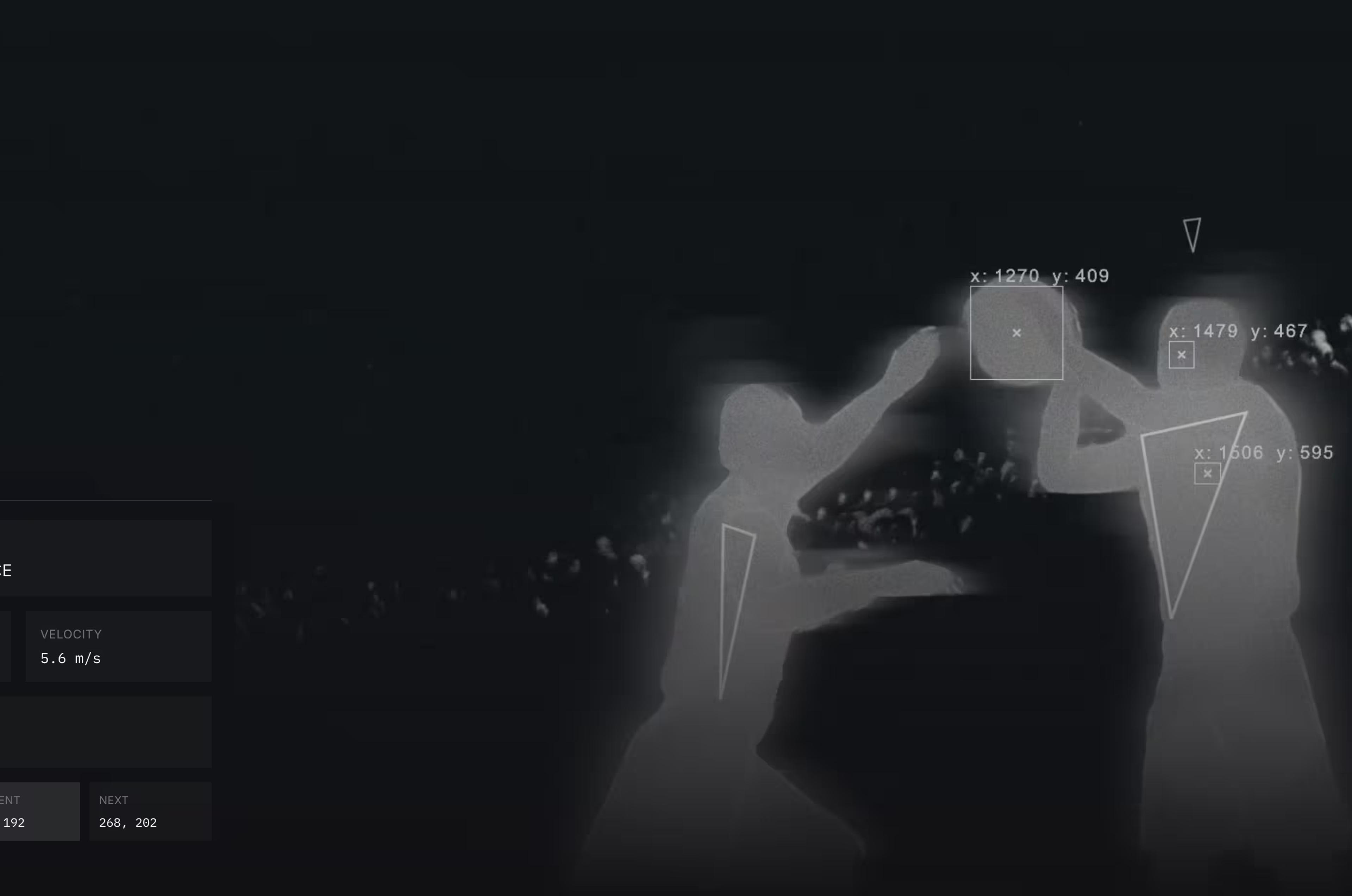 A digital sports analysis interface with player stats for 'Player No. 4' and glowing, tracked figures against a dark background.