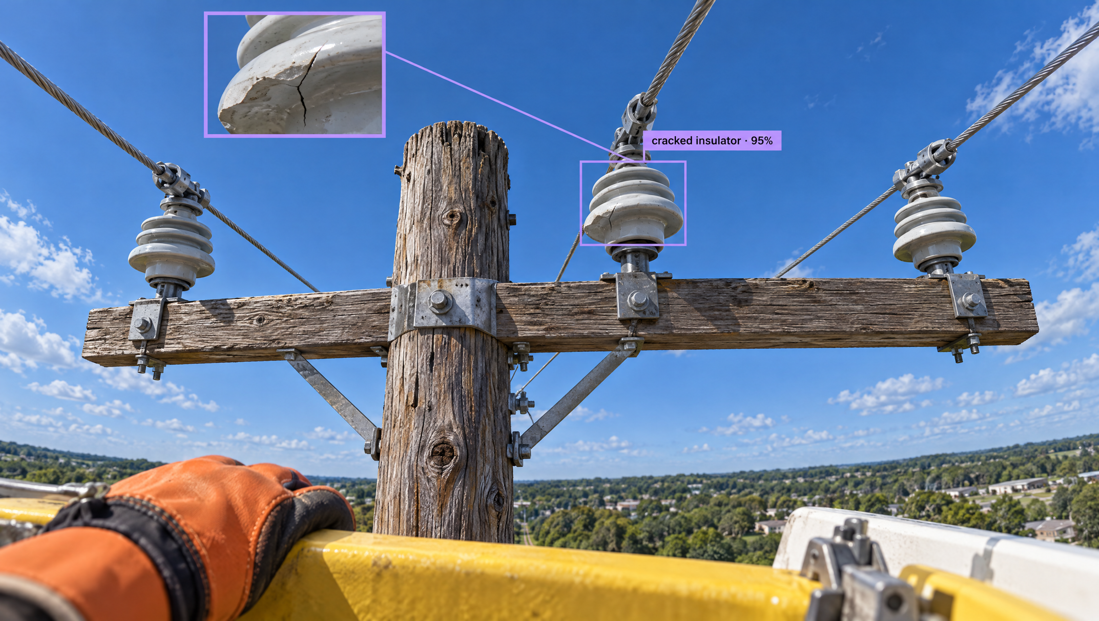 AI-annotated image showing a utility pole with power lines, highlighting a cracked insulator with a bounding box and a magnified inset image of the crack.