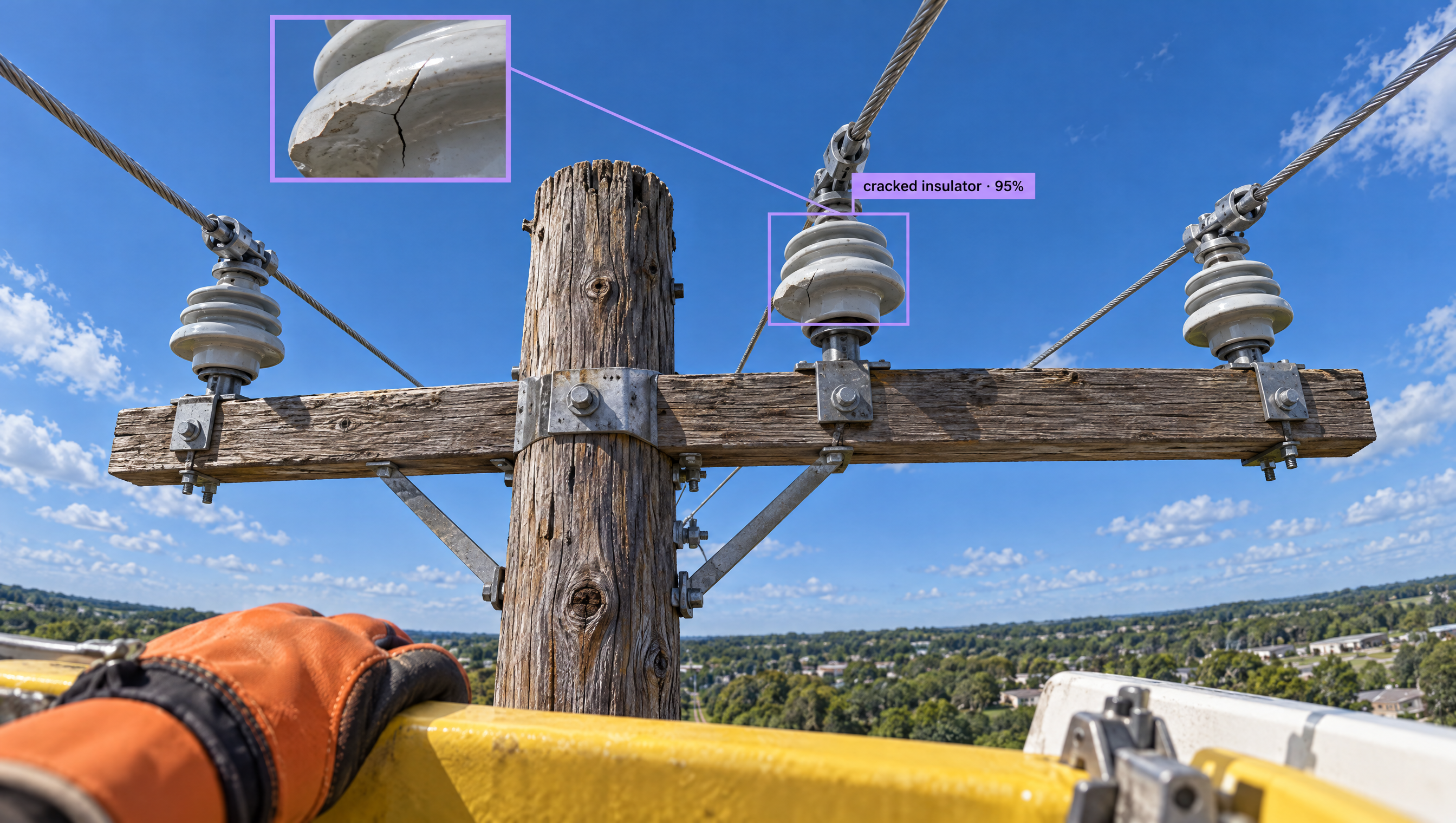 AI-annotated image showing a utility pole with power lines, highlighting a cracked insulator with a bounding box and a magnified inset image of the crack.