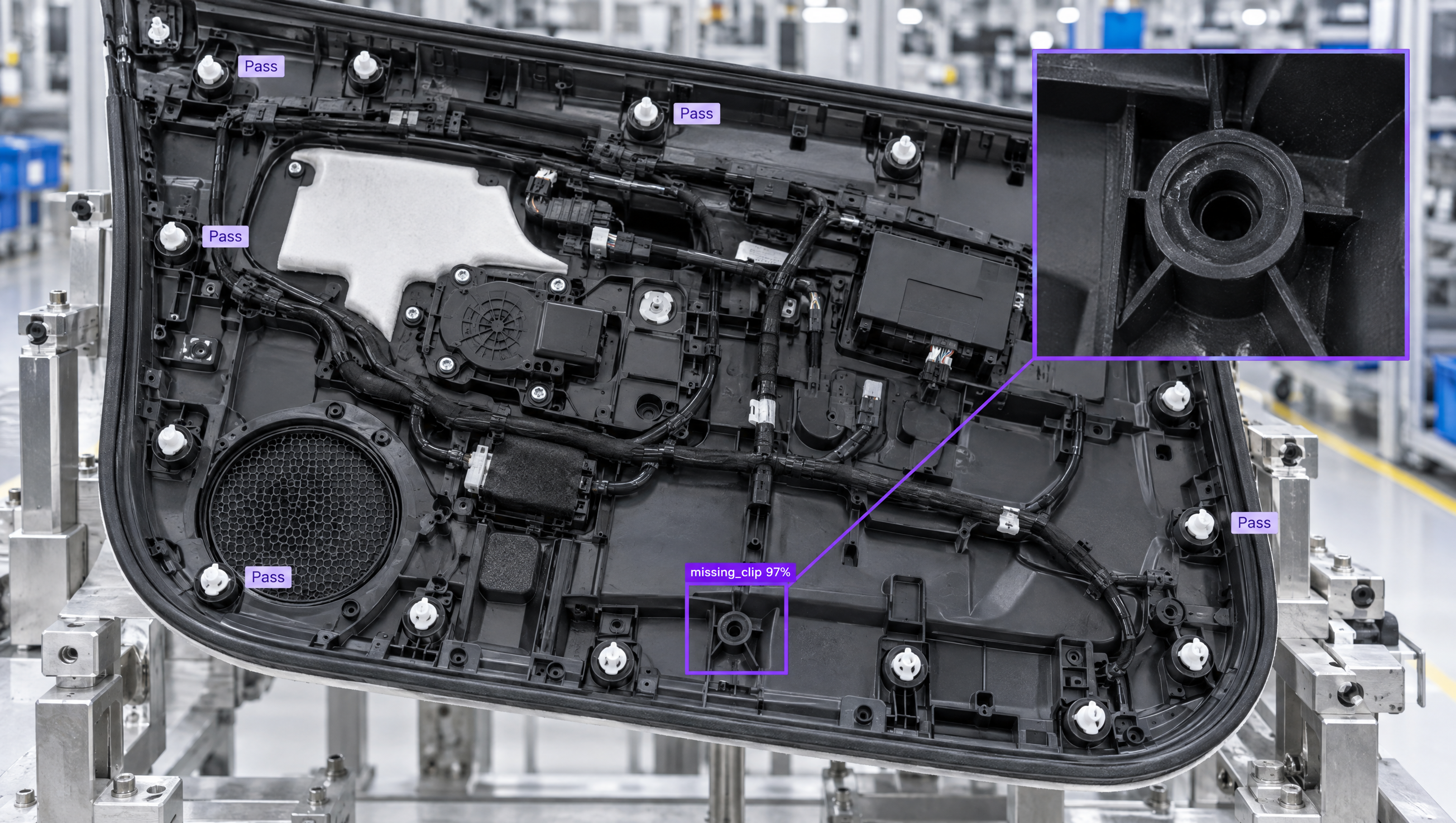 Automotive door panel undergoing AI quality inspection, highlighting a missing clip with a magnified view of the defect.