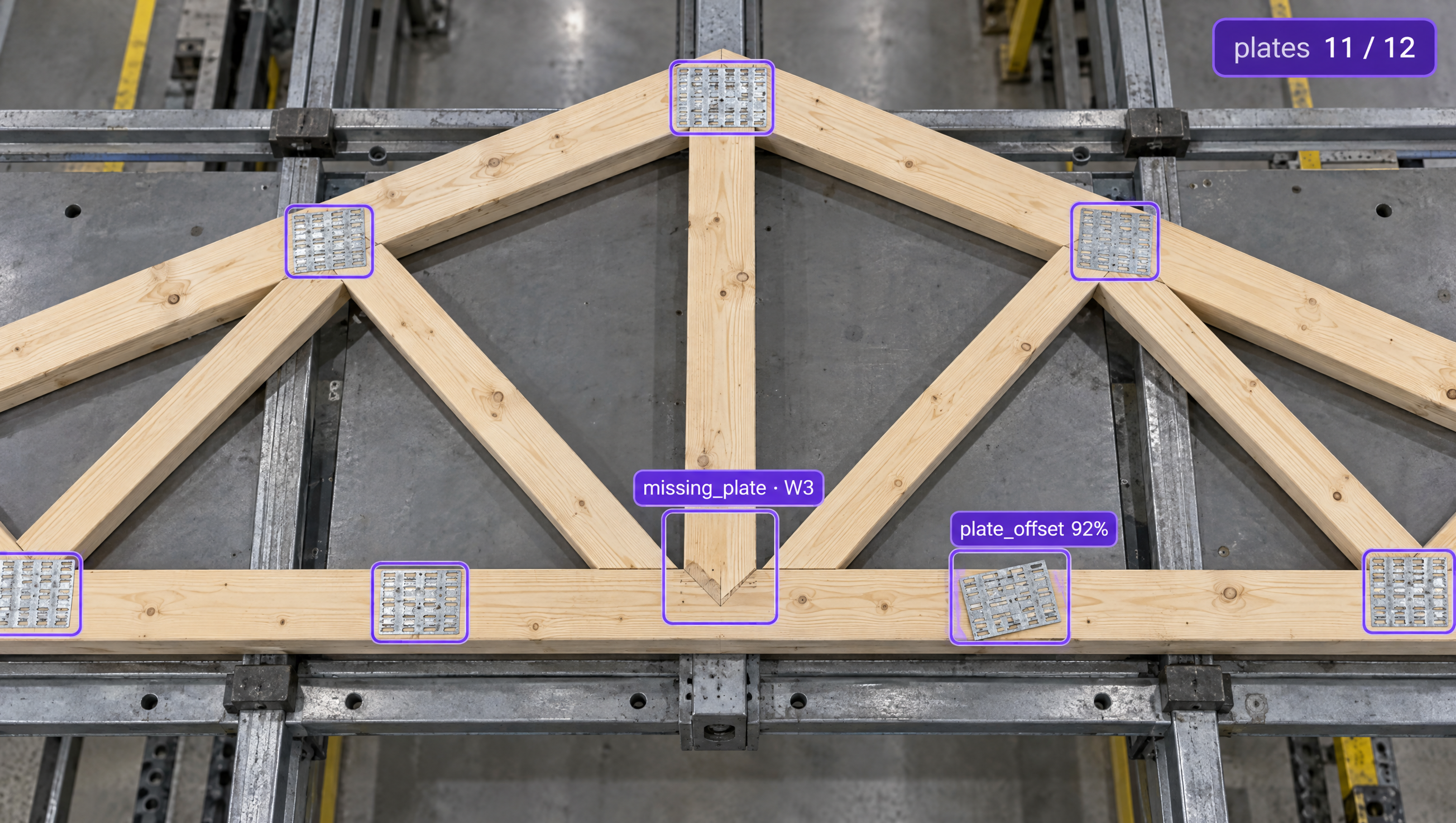 Wooden truss structure with metal connector plates, digitally annotated to identify a missing plate and an offset plate.