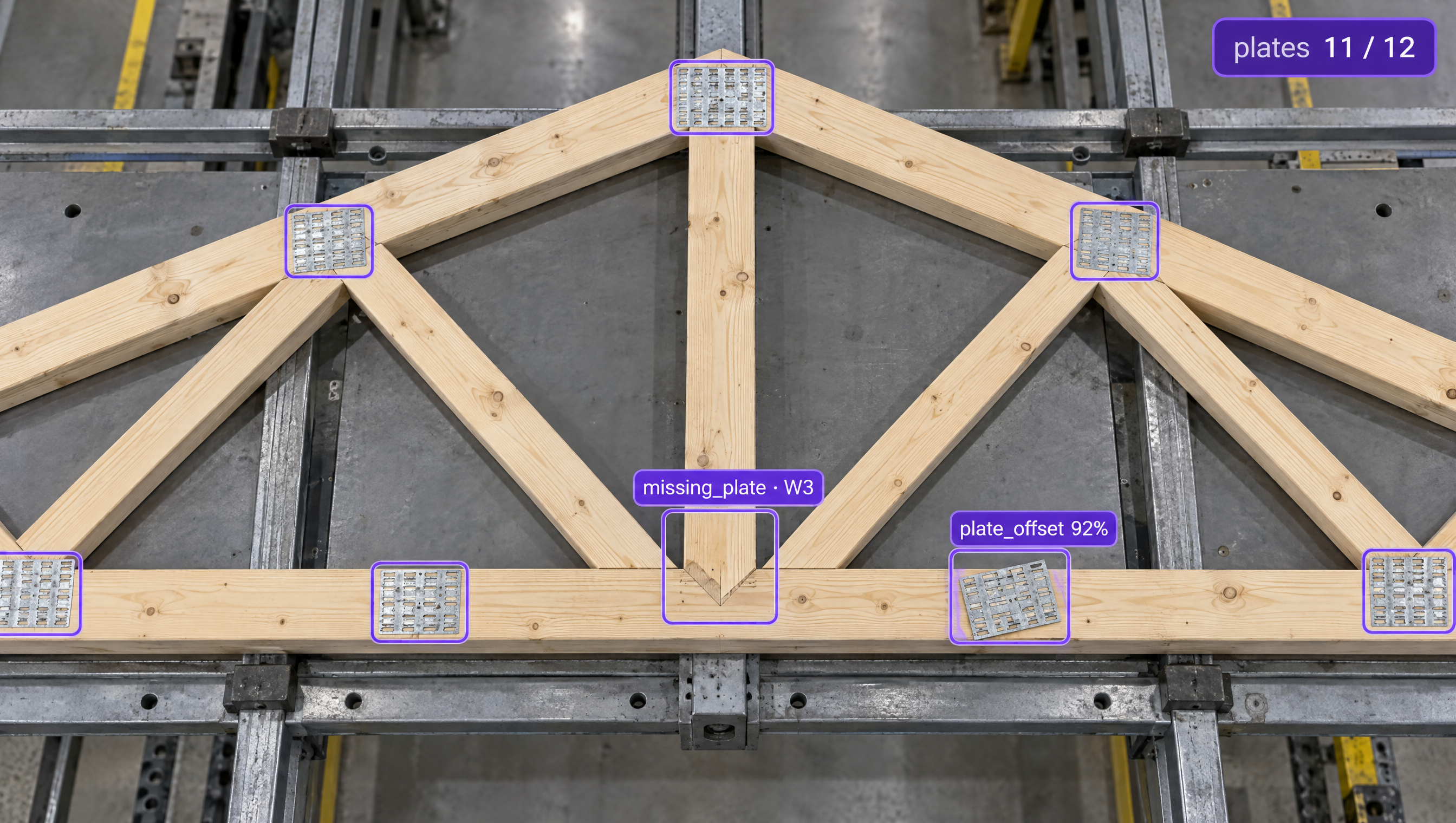 Wooden truss structure with metal connector plates, digitally annotated to identify a missing plate and an offset plate.