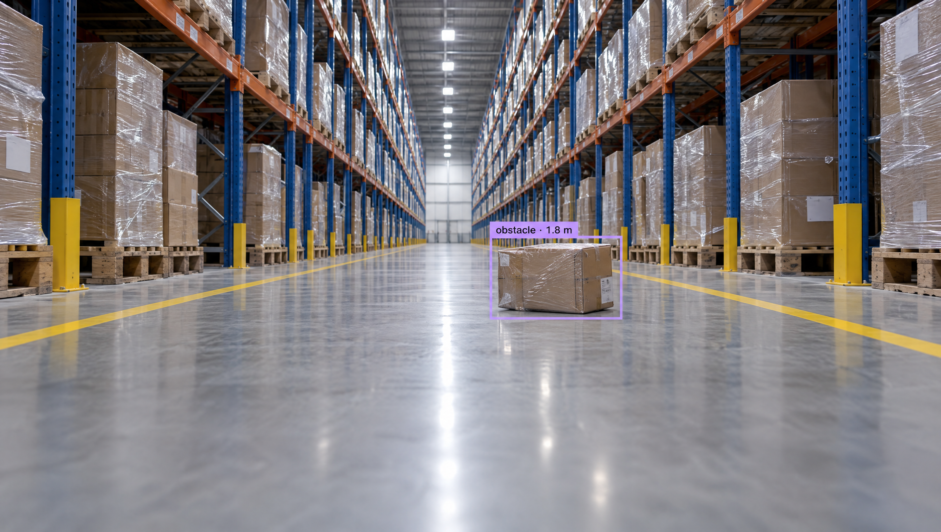 A warehouse aisle with tall shelves and boxes, featuring a single cardboard box on the floor highlighted with a purple bounding box and labeled "obstacle - 1.8 m".