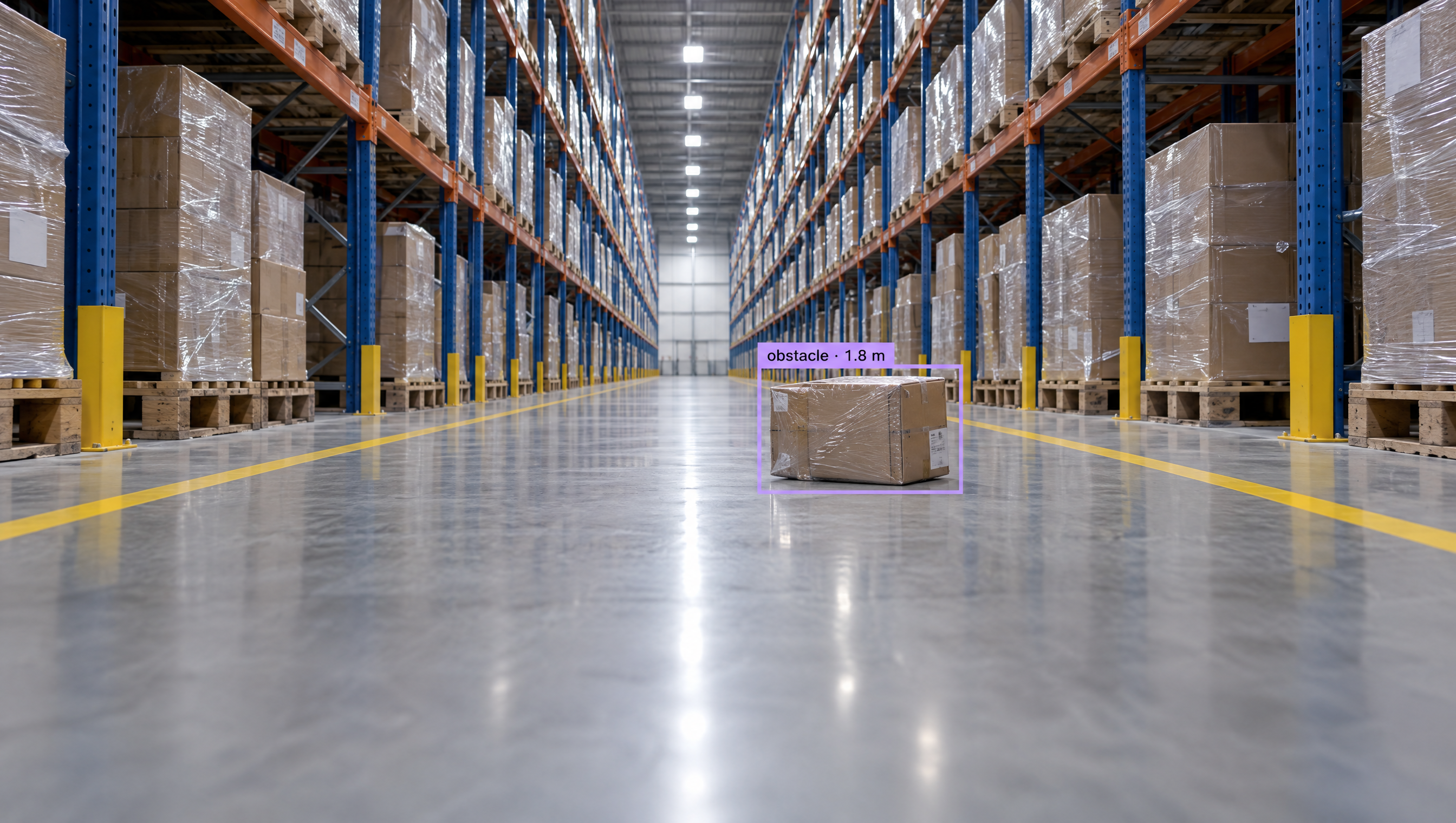 A warehouse aisle with tall shelves and boxes, featuring a single cardboard box on the floor highlighted with a purple bounding box and labeled "obstacle - 1.8 m".