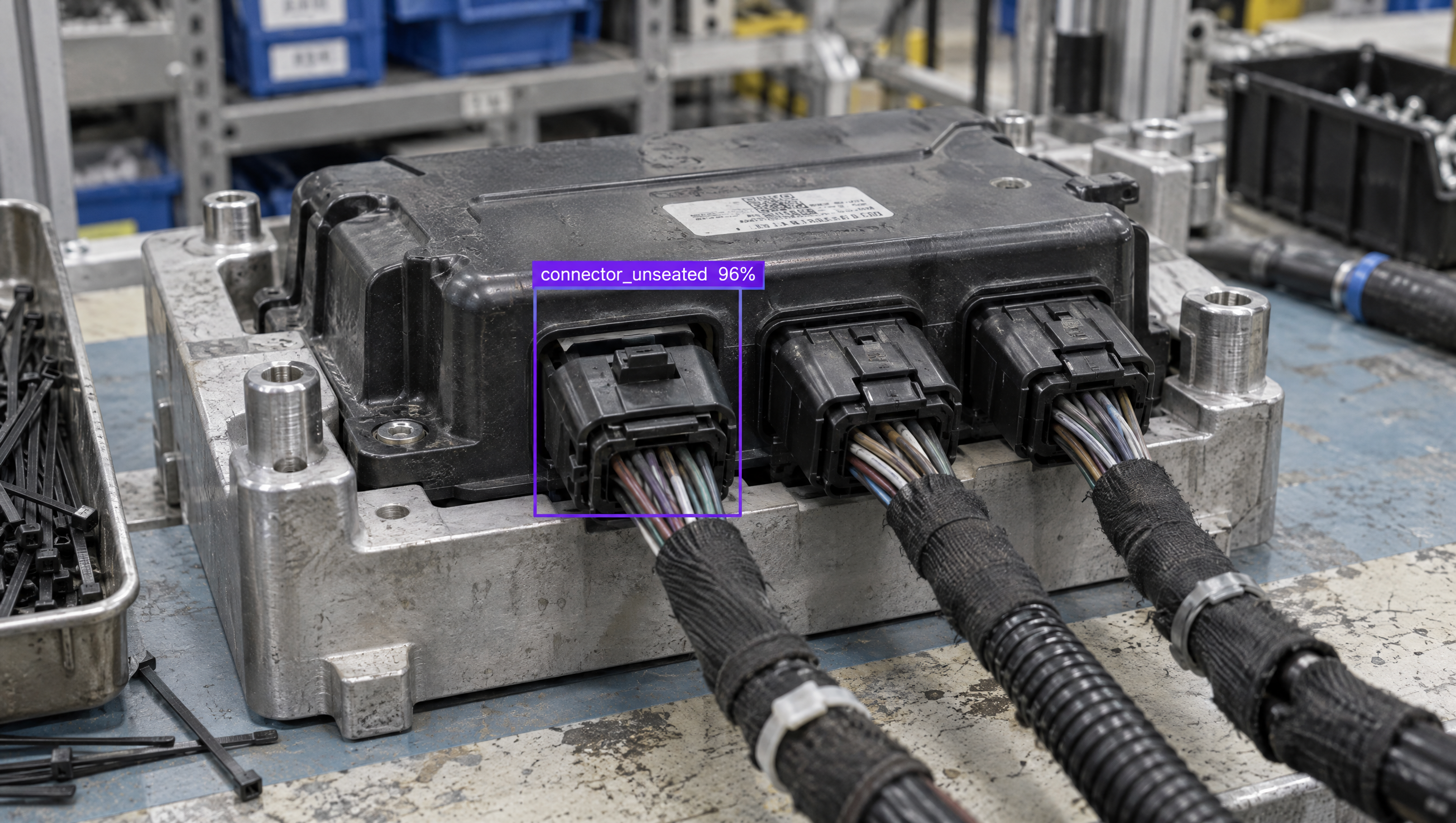 An AI system highlights an unseated electrical connector on an electronic control unit with multiple wire harnesses.