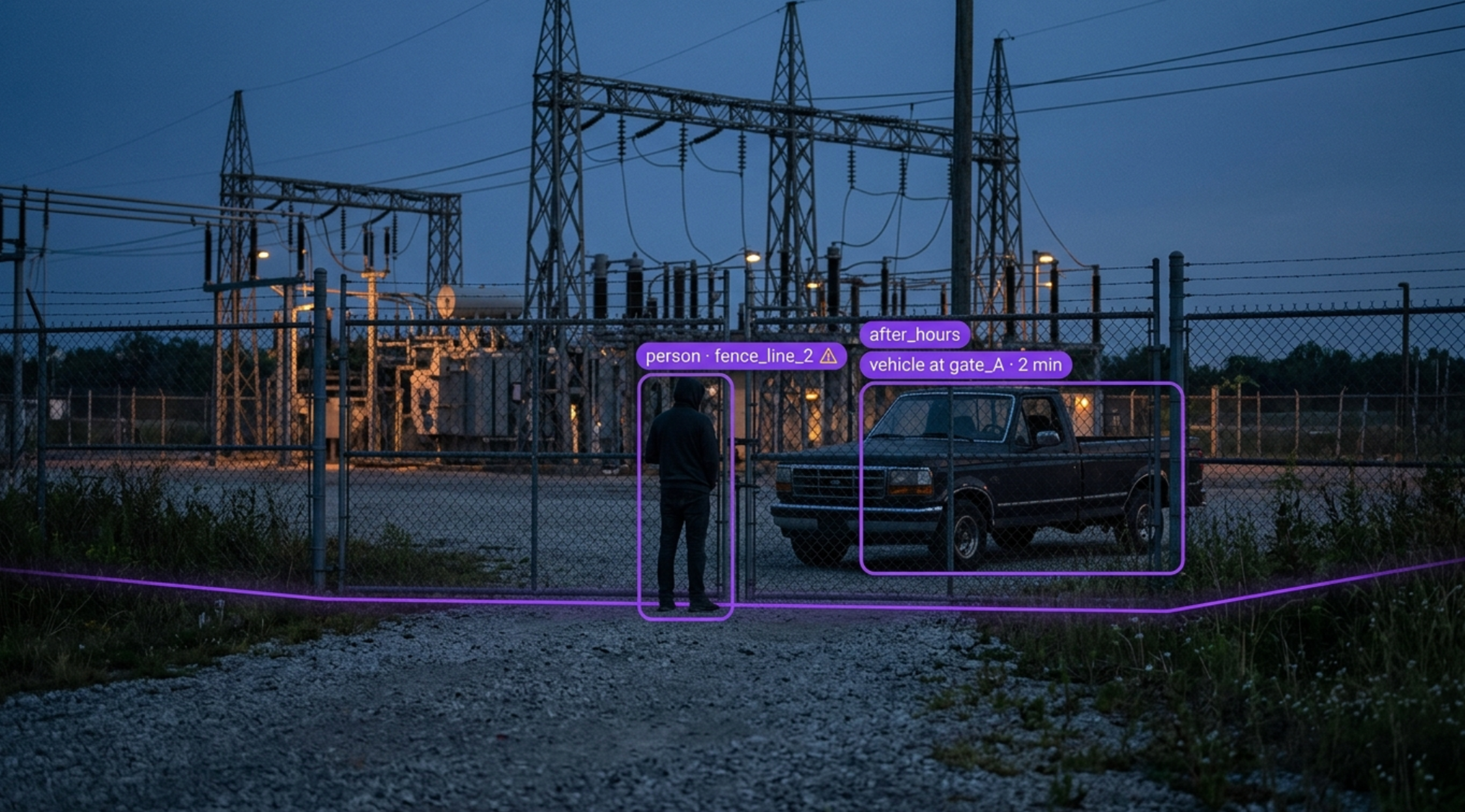 AI detection highlights a person and truck at a fenced substation gate at night, marked as 'after_hours' activity.