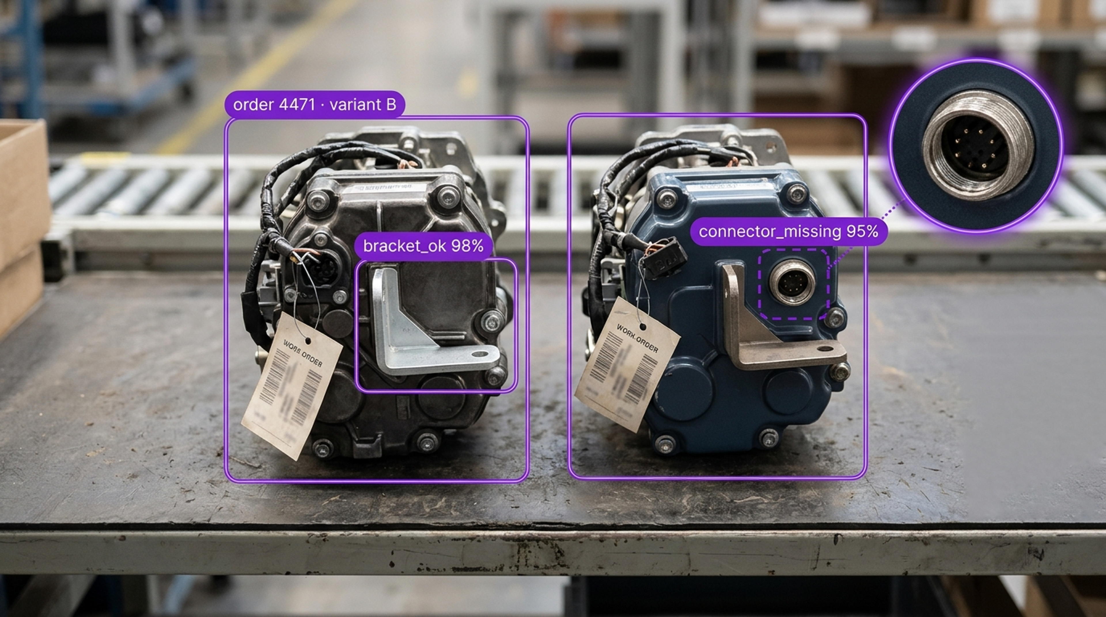 AI system detects a missing connector on a blue industrial part on a conveyor belt, next to a correctly assembled grey part.