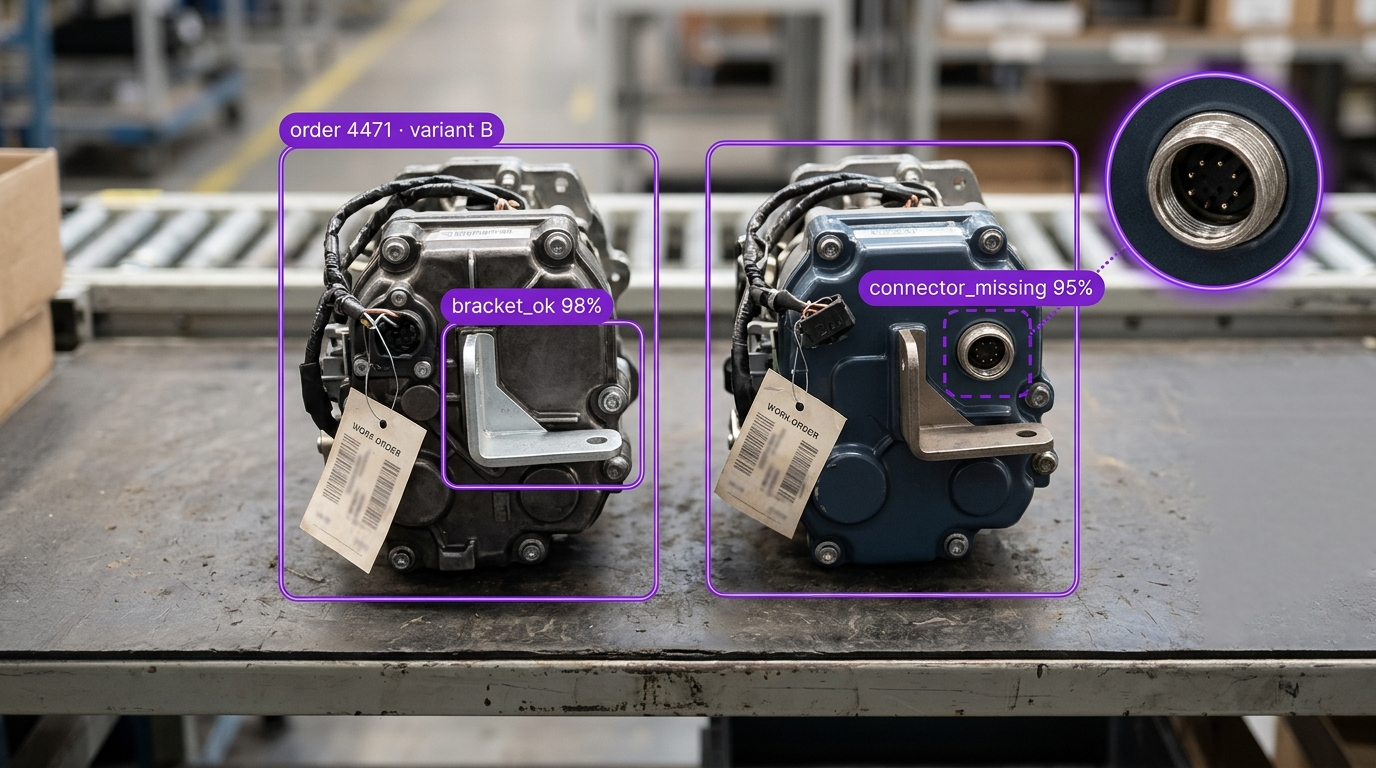 AI system detects a missing connector on a blue industrial part on a conveyor belt, next to a correctly assembled grey part.