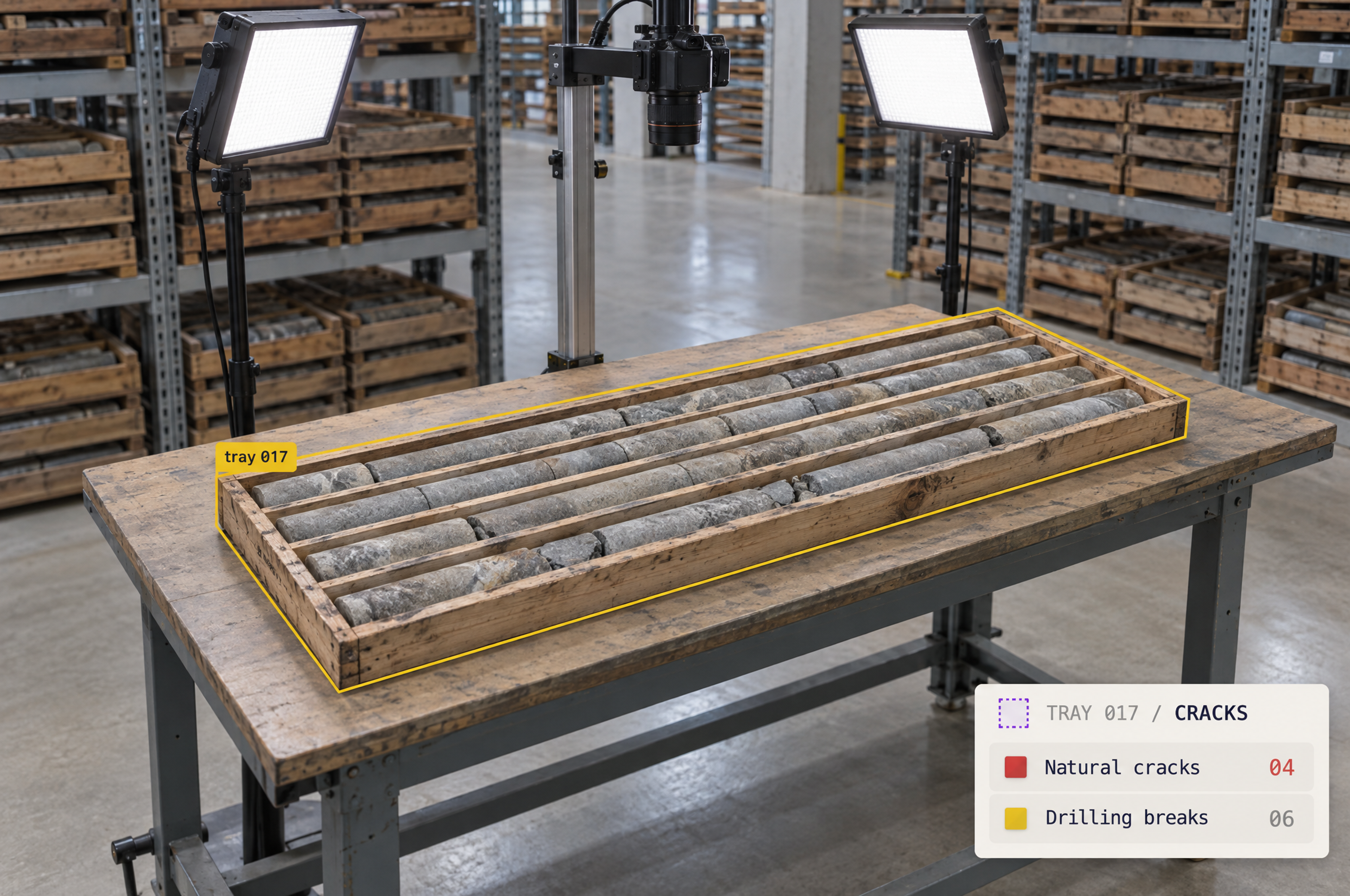 Tray of geological core samples under lights and a camera, with digital overlays for crack analysis.