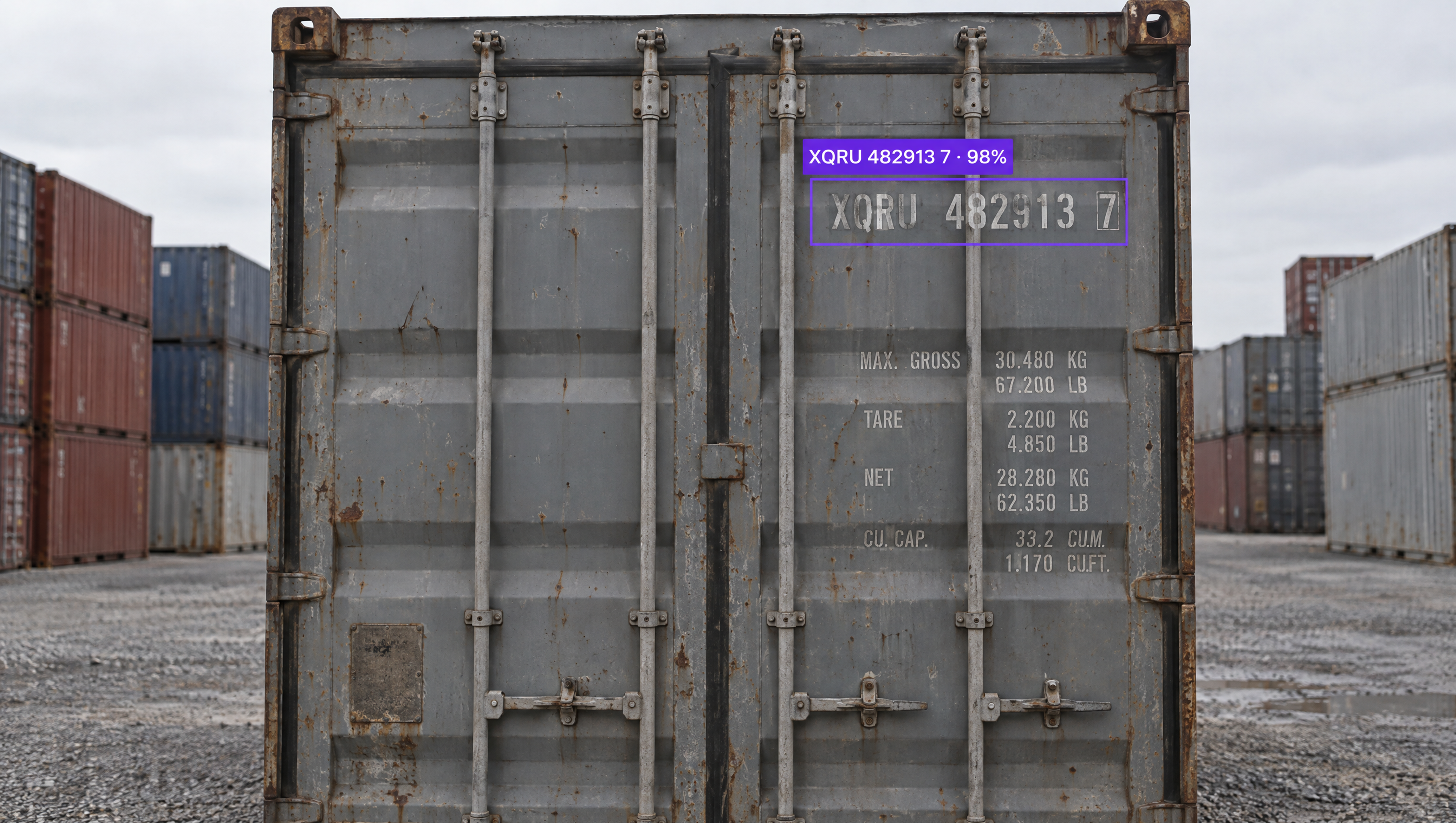 A gray shipping container with a digital overlay identifying the number XQRU 482913 7 with 98% confidence, in a container yard.
