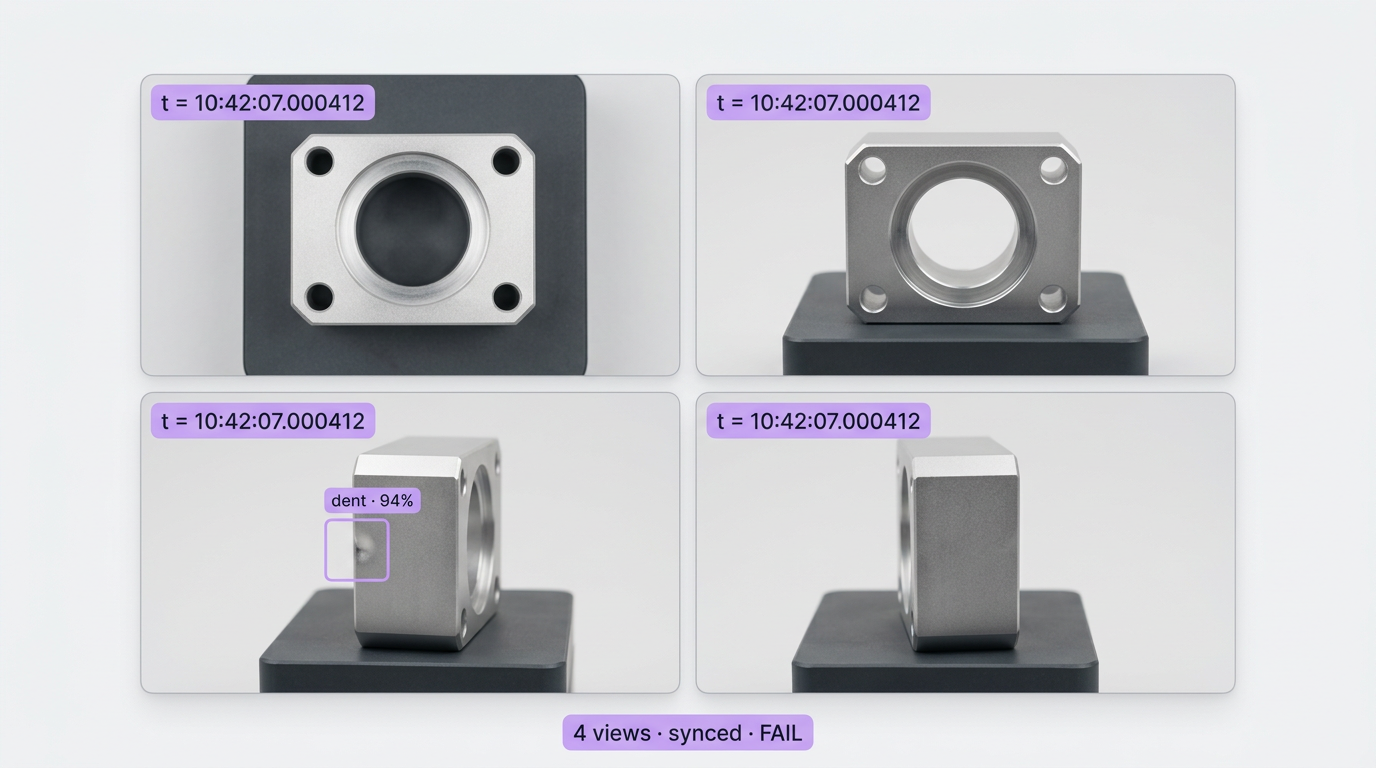 Four synchronized views of a metallic industrial component, with one view highlighting a detected dent and the overall result marked as 'FAIL'.