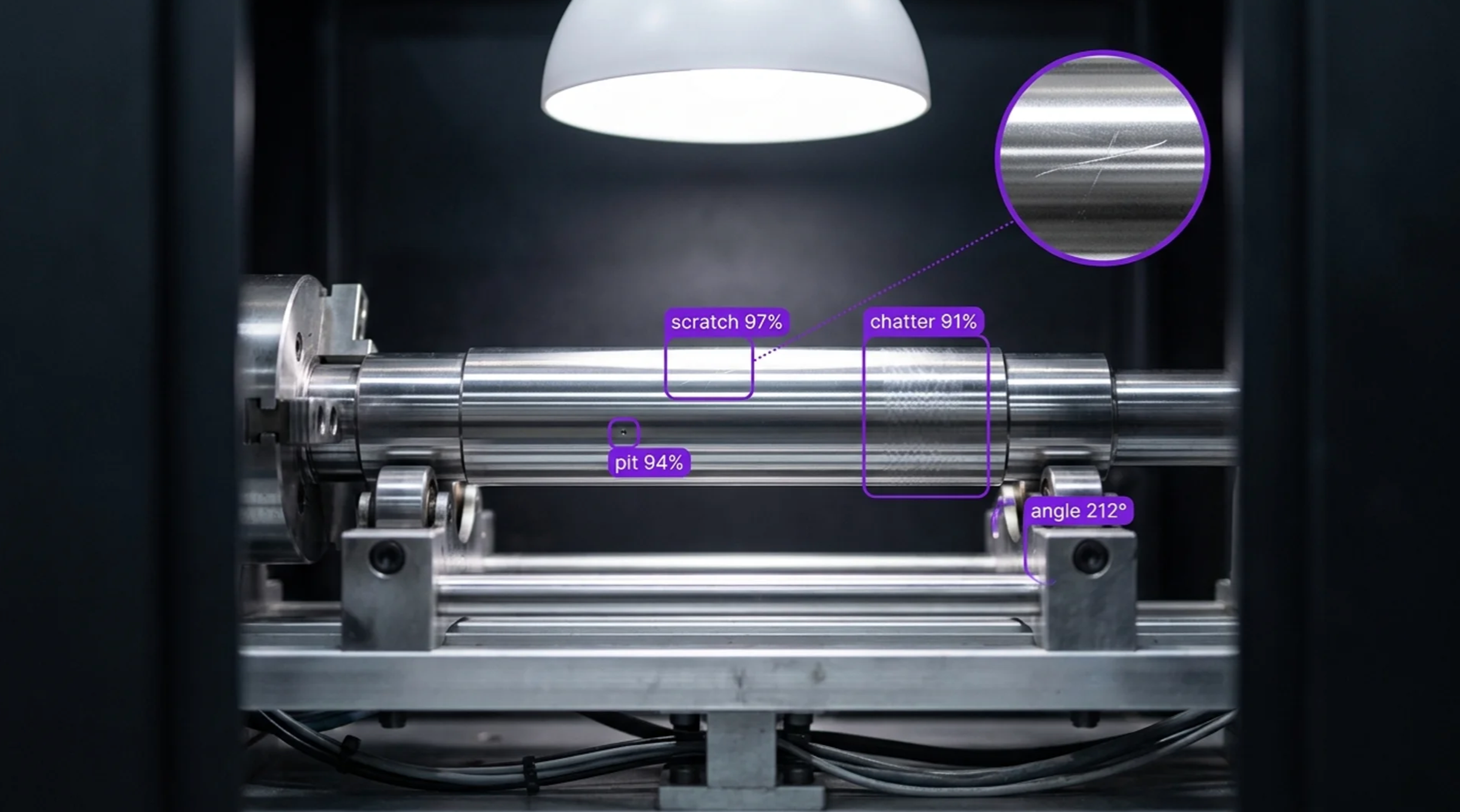 Automated inspection of a metal shaft, highlighting defects like scratches (97%), chatter (91%), and a pit (94%) with purple boxes, and a magnified inset showing a scratch.
