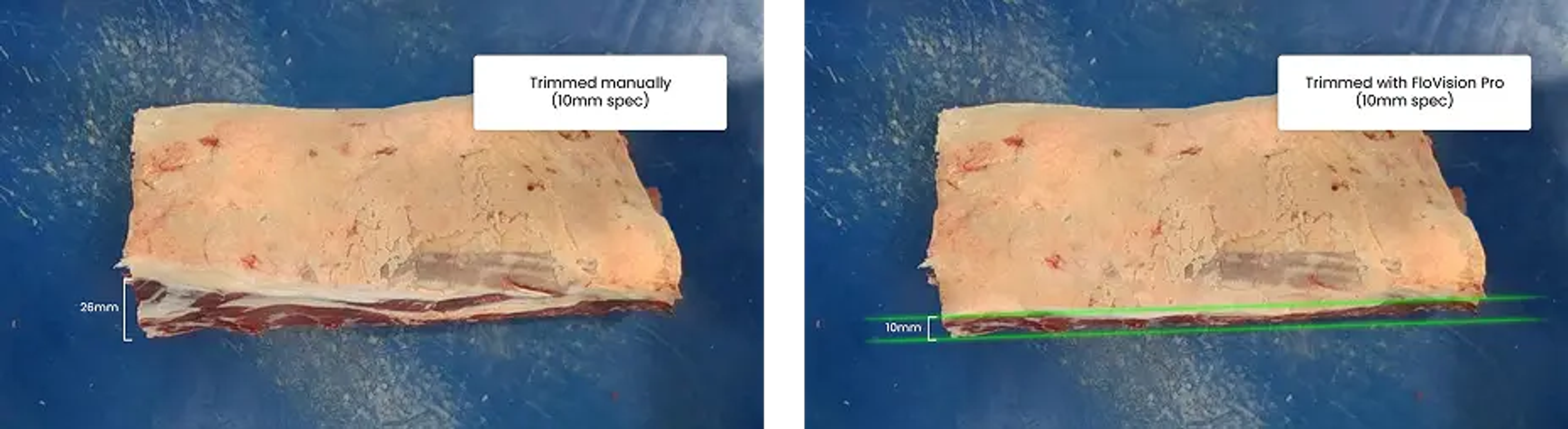 The same cut of meat side by side, trimmed manually to 26mm and trimmed with FloVision Pro to the 10mm spec.
