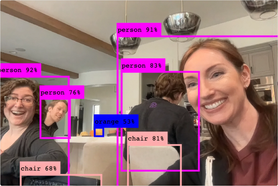 An object detection model identifying four people, two chairs, and an orange with bounding boxes and confidence scores.