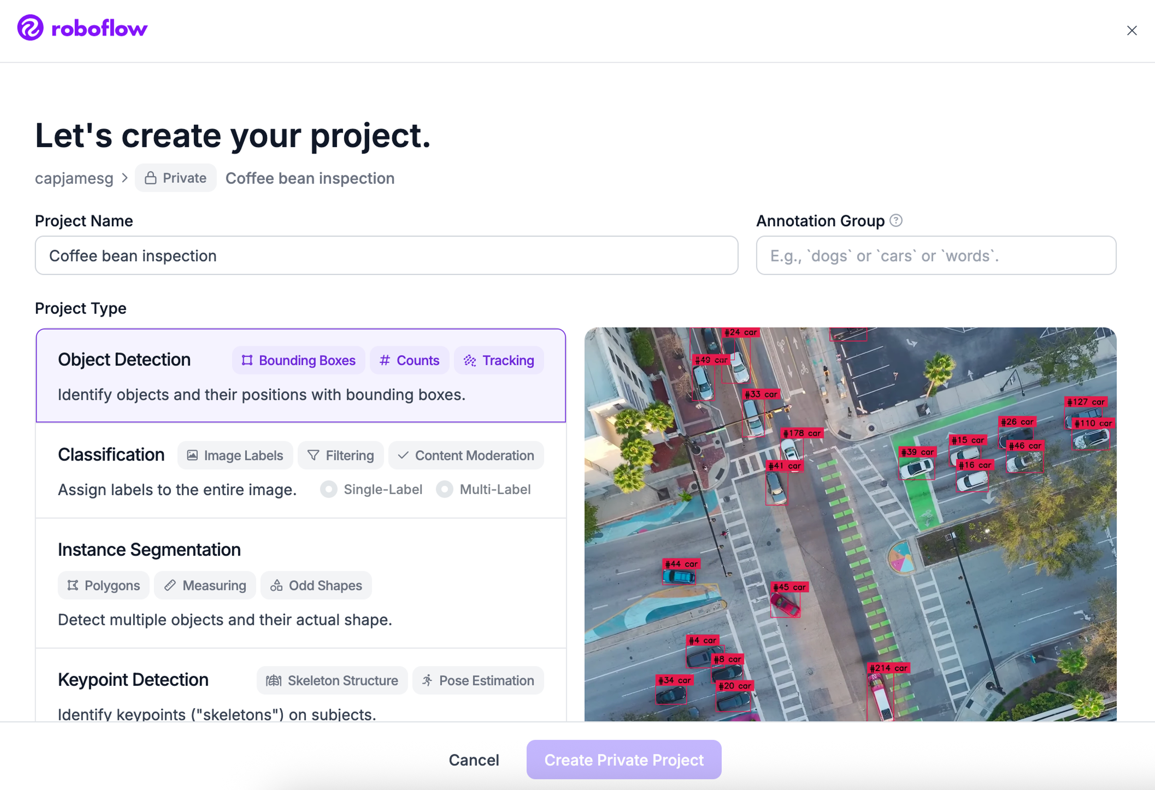 Roboflow's create project form, with Object Detection selected as the project type