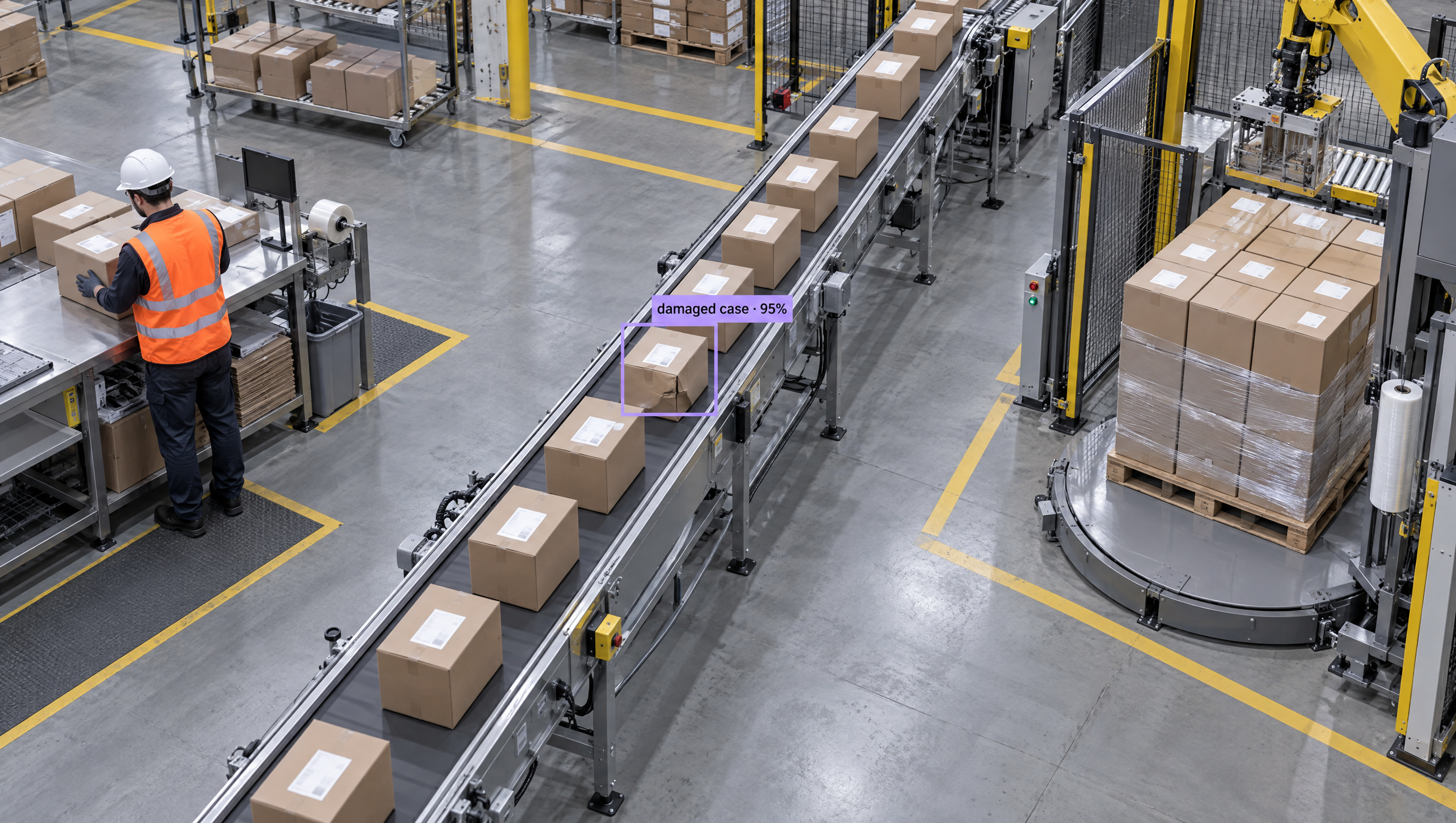 An overhead view of a factory showing a worker, a conveyor belt with boxes, and a computer vision system highlighting a "damaged case" on one box.