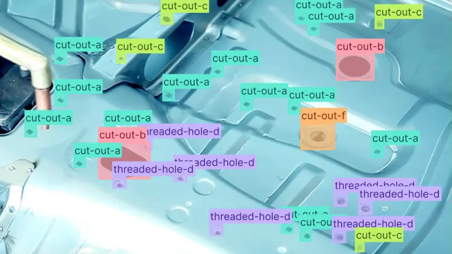 A stamped sheet-metal part with its cut-outs and threaded holes labeled by a detection model