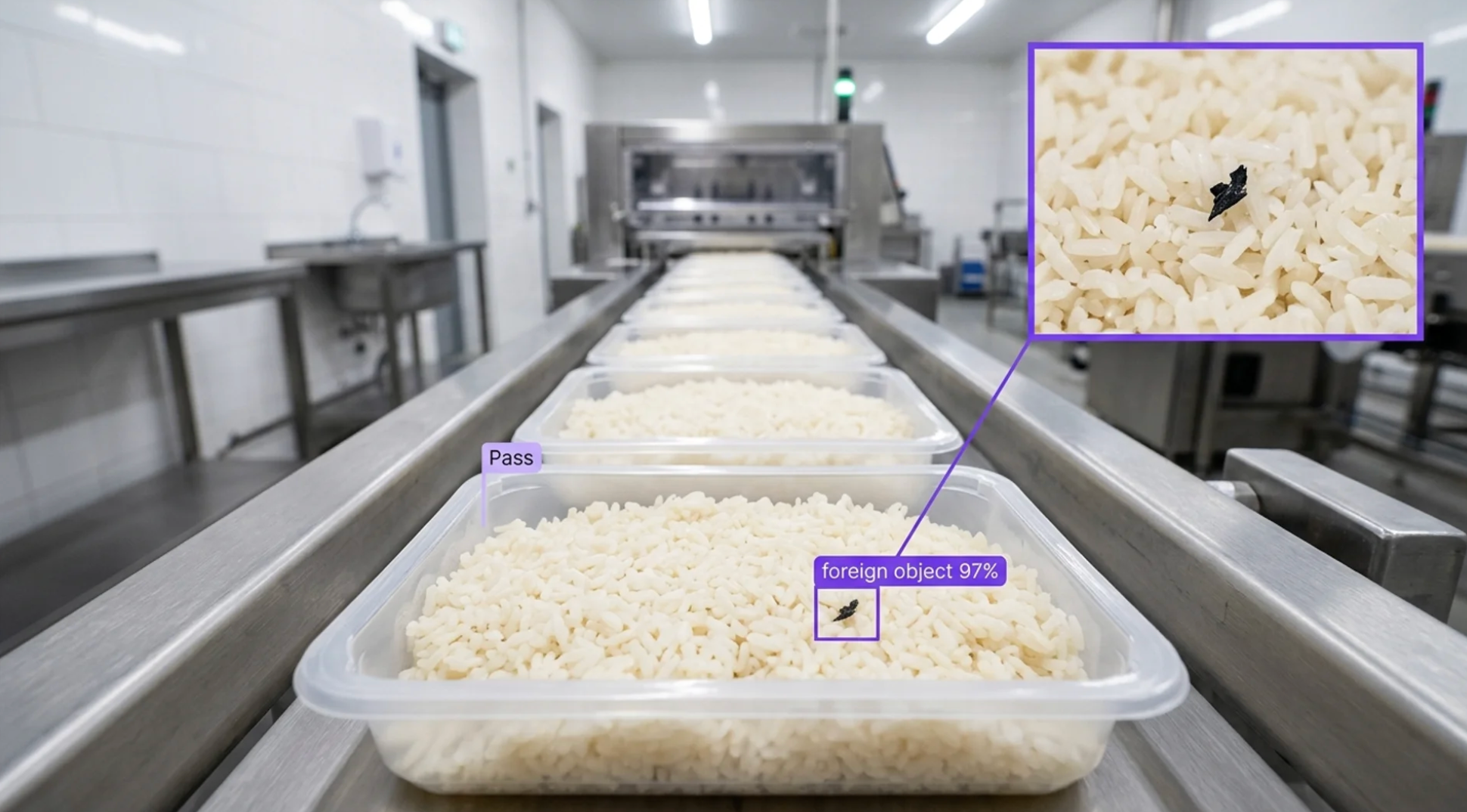 Trays of rice on a food production line with a foreign object detected at 97% confidence in one tray