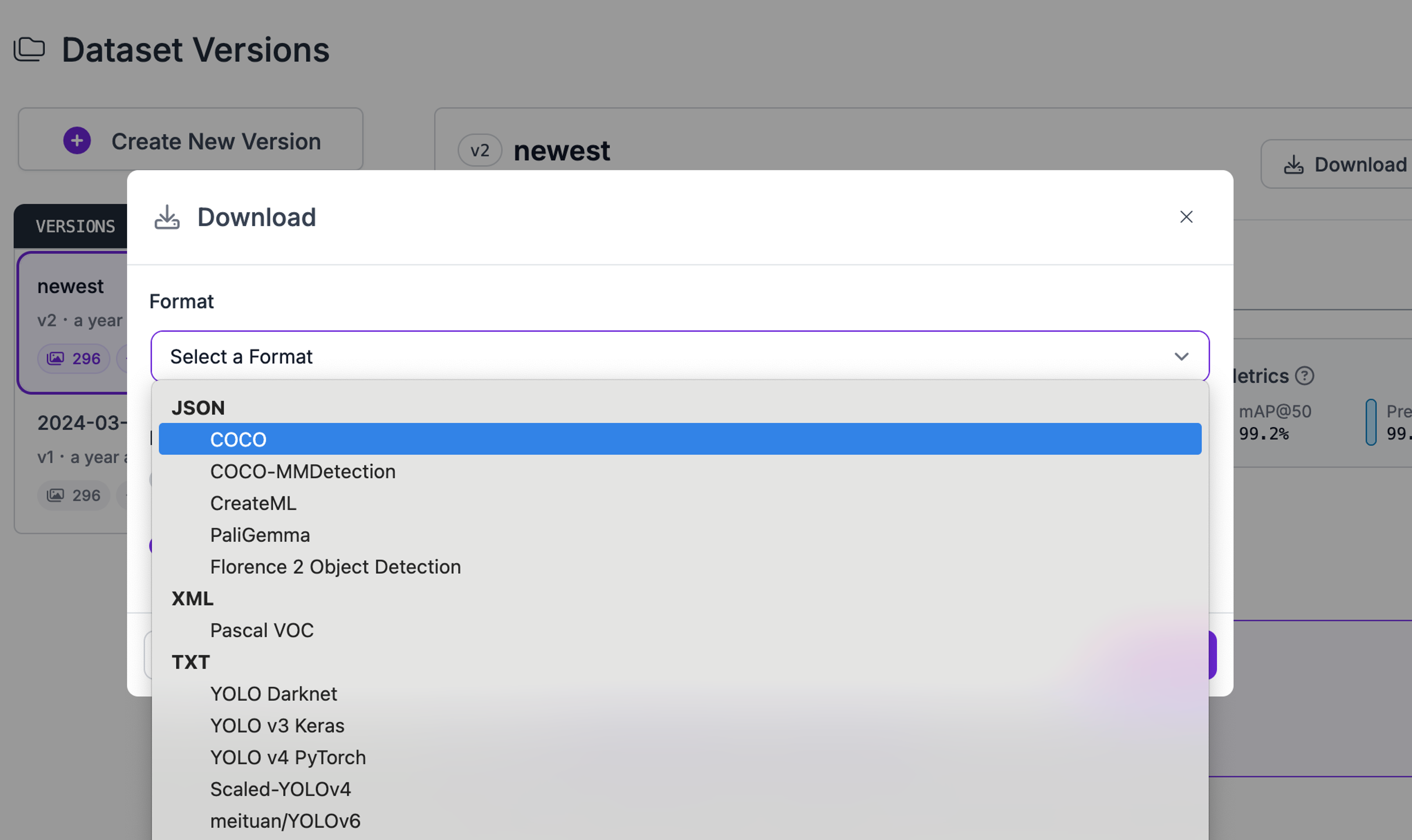 Roboflow's Download dialog, with the export format list open and COCO highlighted
