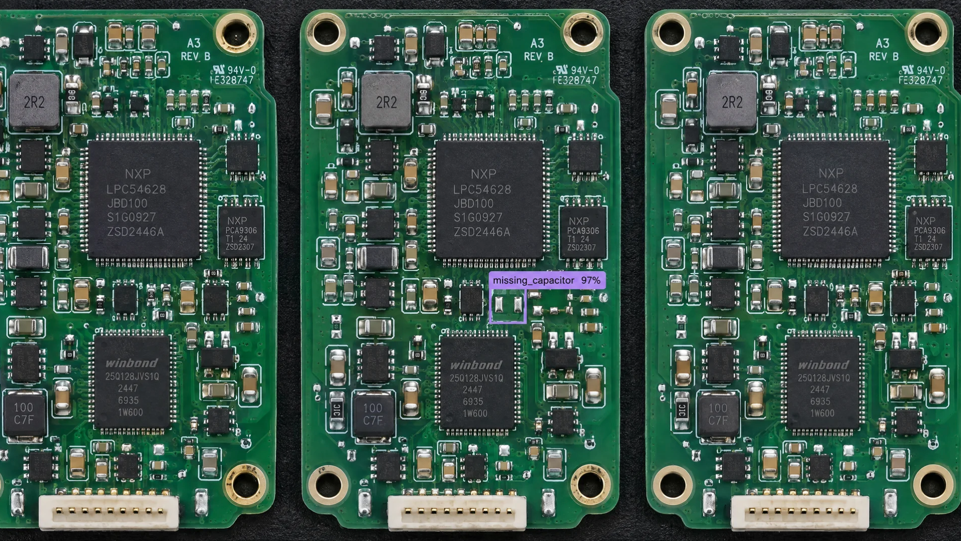 Three green circuit boards, with the middle board showing an AI detection of a missing capacitor.