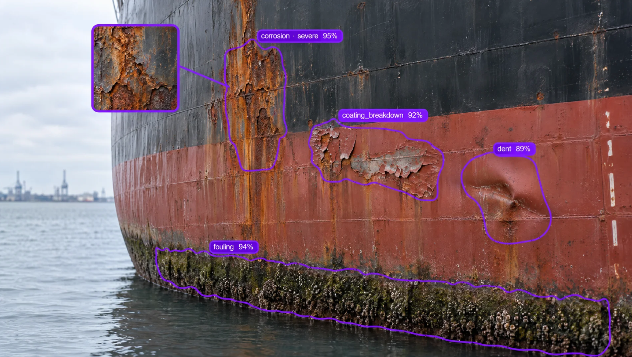 A ship's hull with AI labels highlighting severe corrosion, peeling paint, a dent, and barnacle fouling at the waterline.