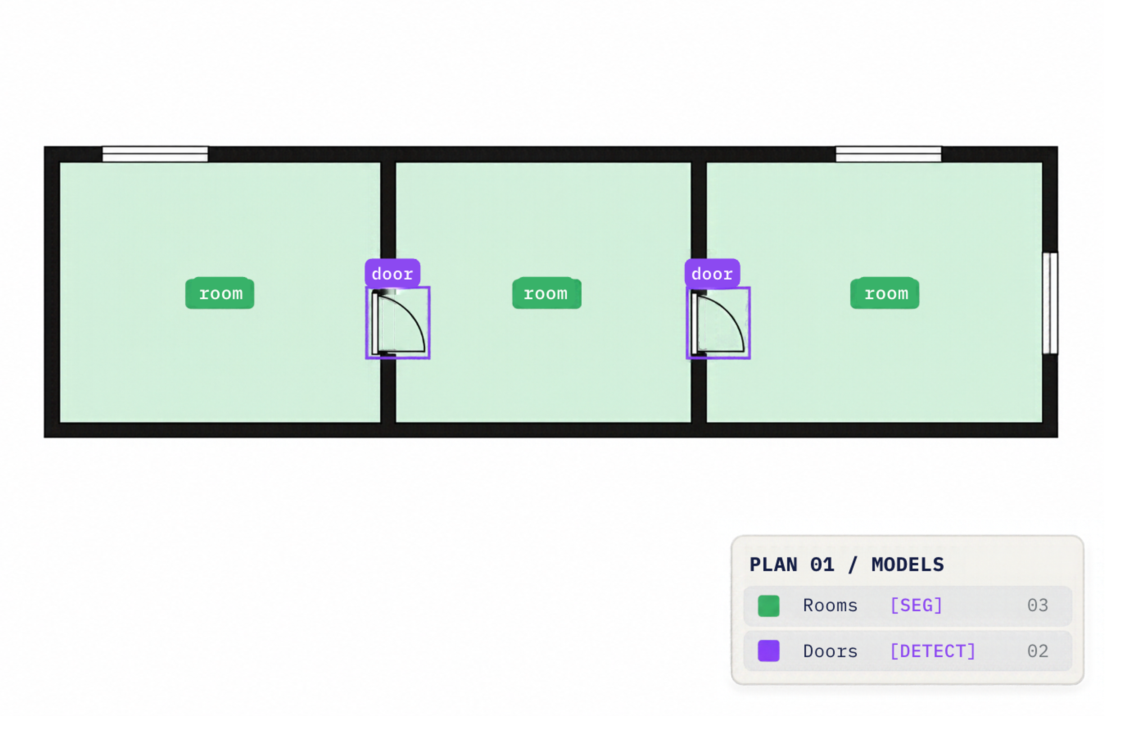 Floor plan with three segmented rooms and two detected doors.