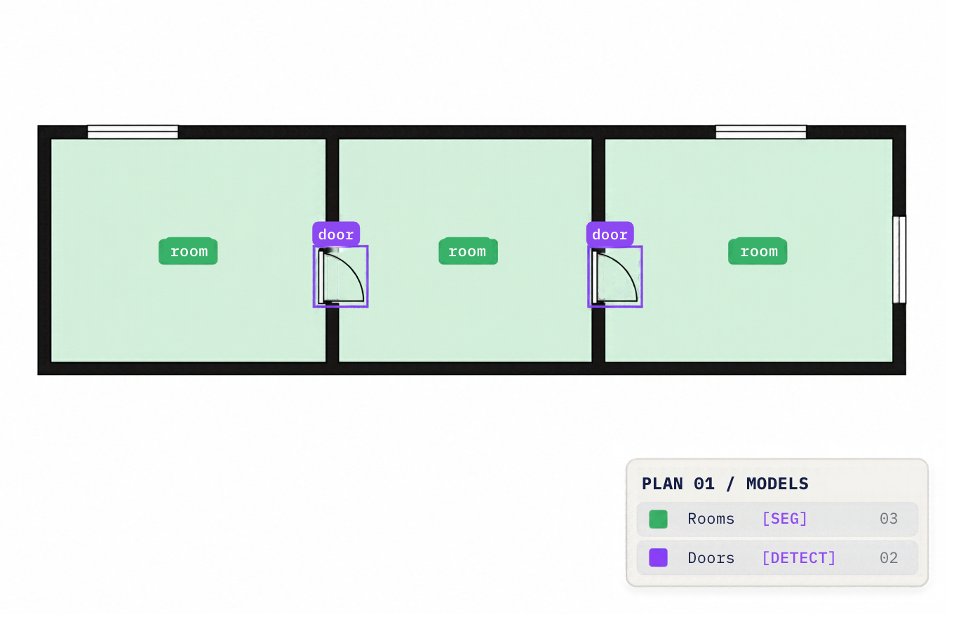 Floor plan with three segmented rooms and two detected doors.