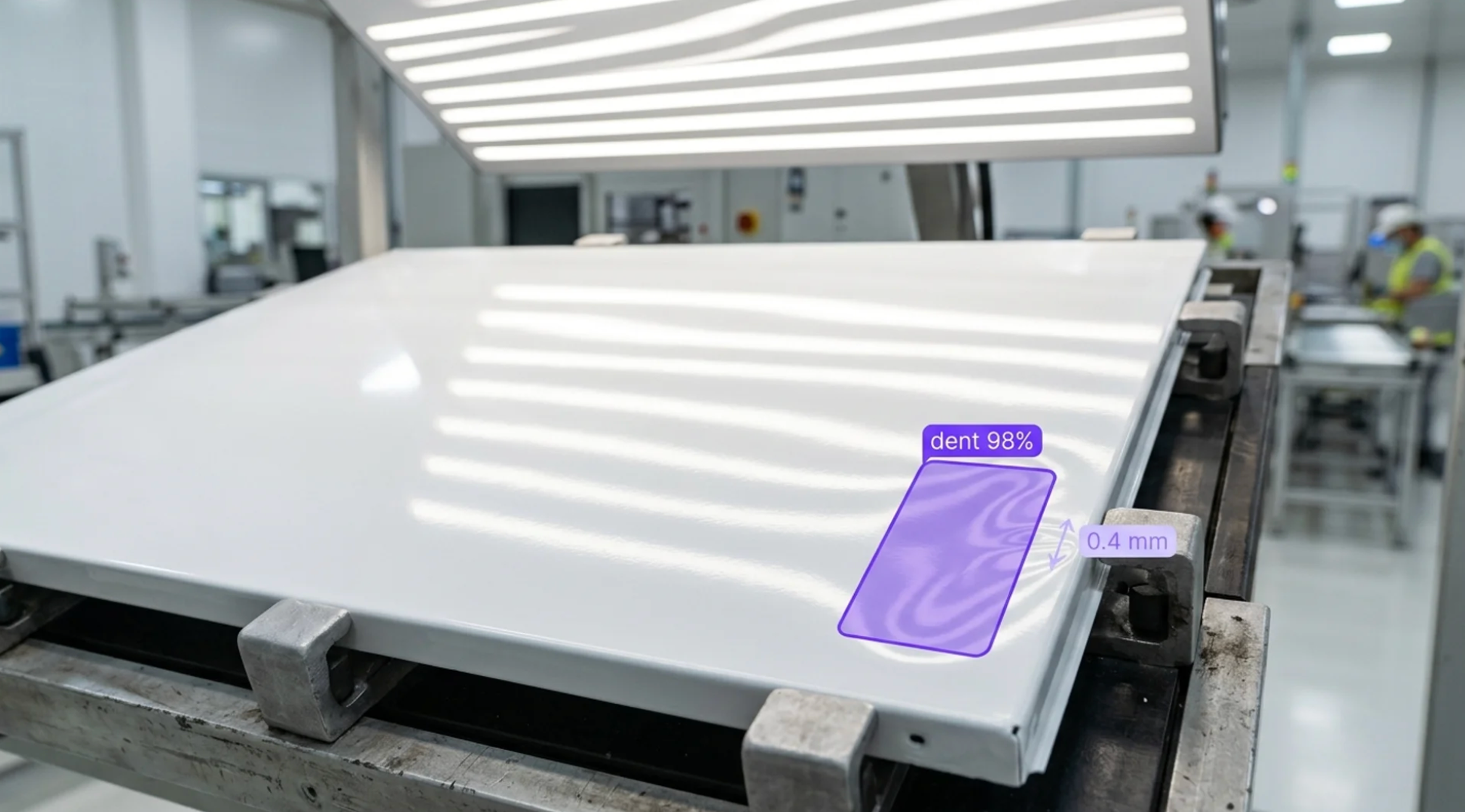 A white sheet-metal panel under inspection lights with a 0.4 mm dent detected at 98% confidence