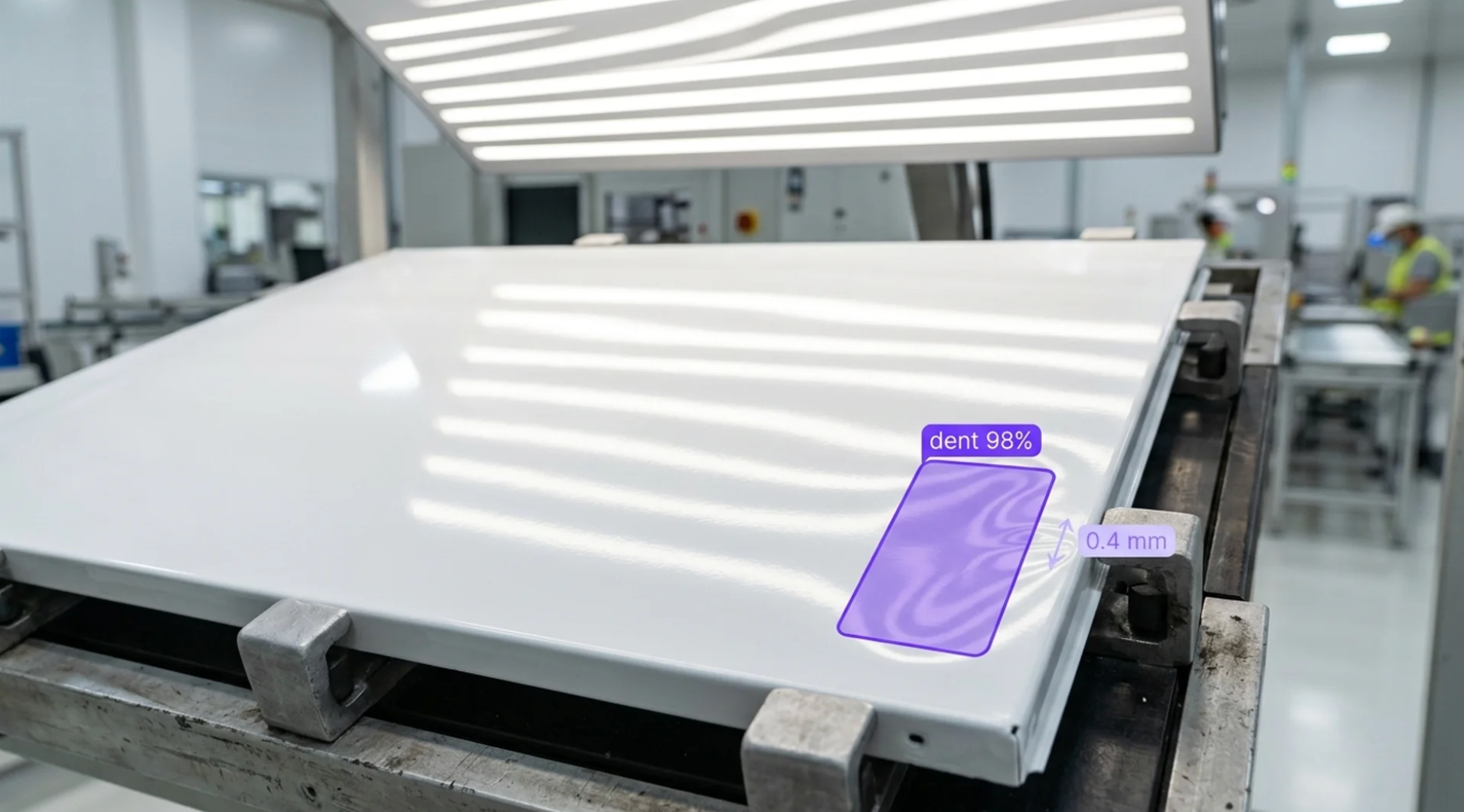 A white sheet-metal panel under inspection lights with a 0.4 mm dent detected at 98% confidence