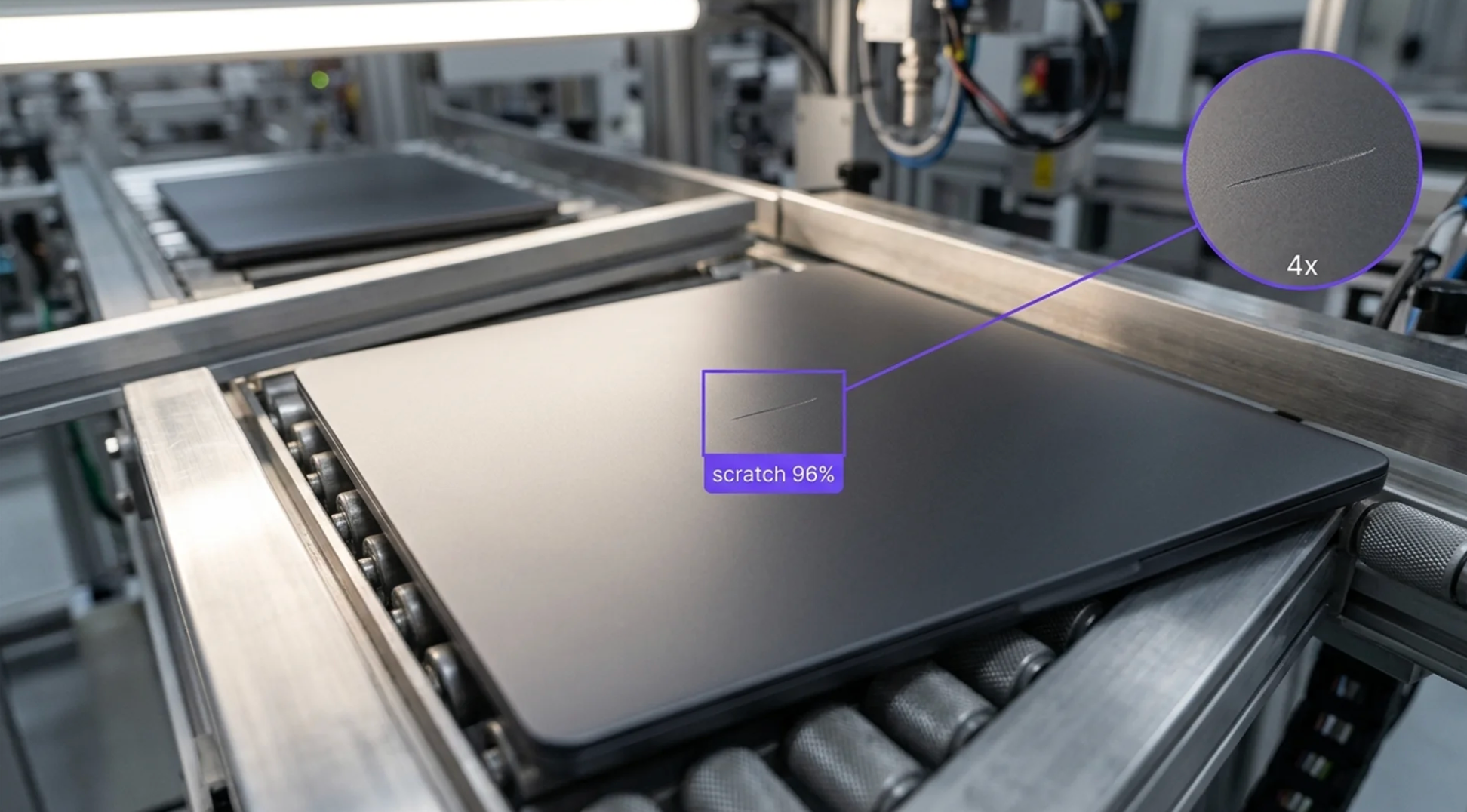 A laptop lid on a roller conveyor with a scratch detected at 96% confidence and magnified four times