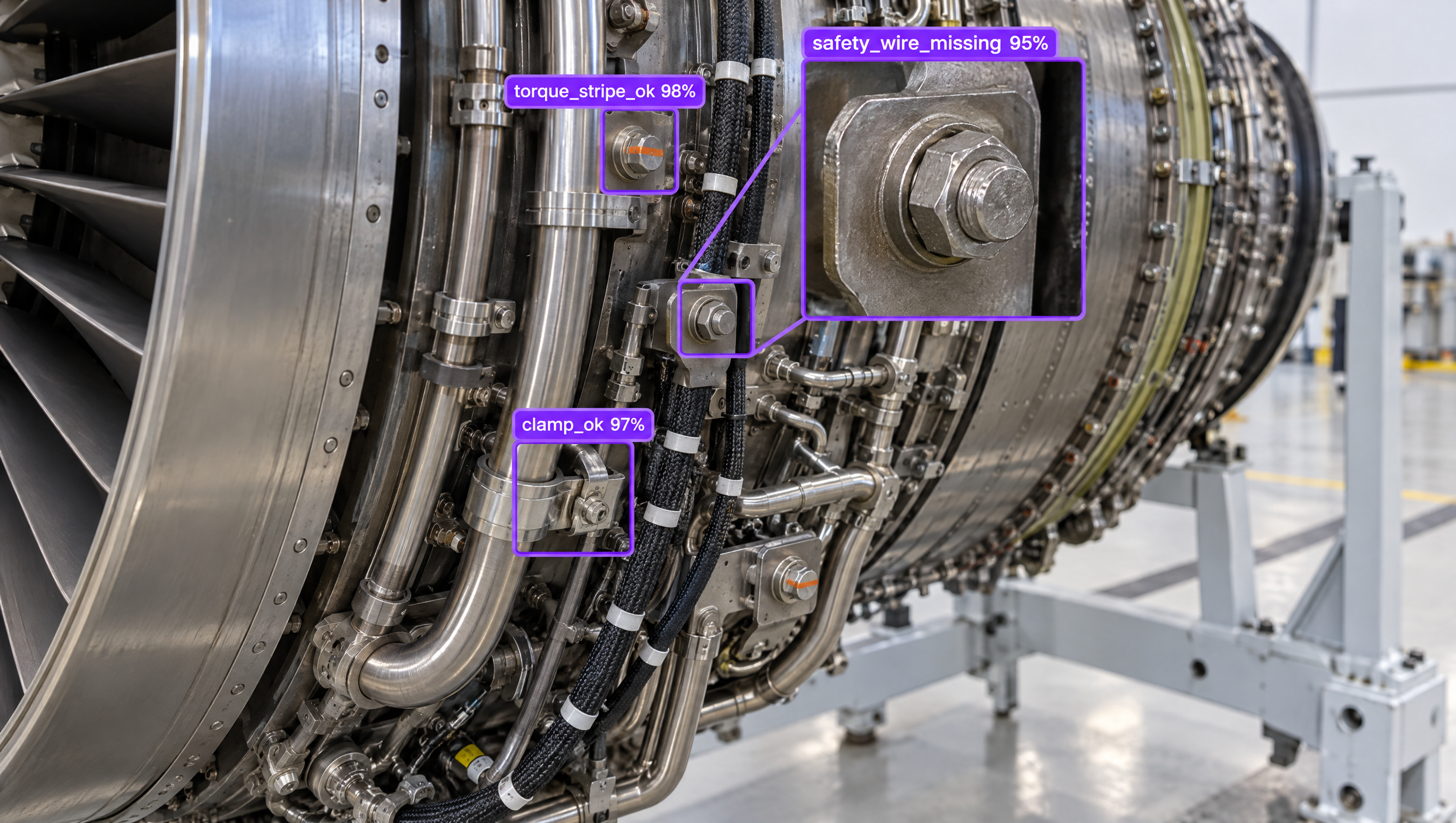 Jet engine undergoing AI-powered inspection, showing highlighted components and detected conditions like a missing safety wire.