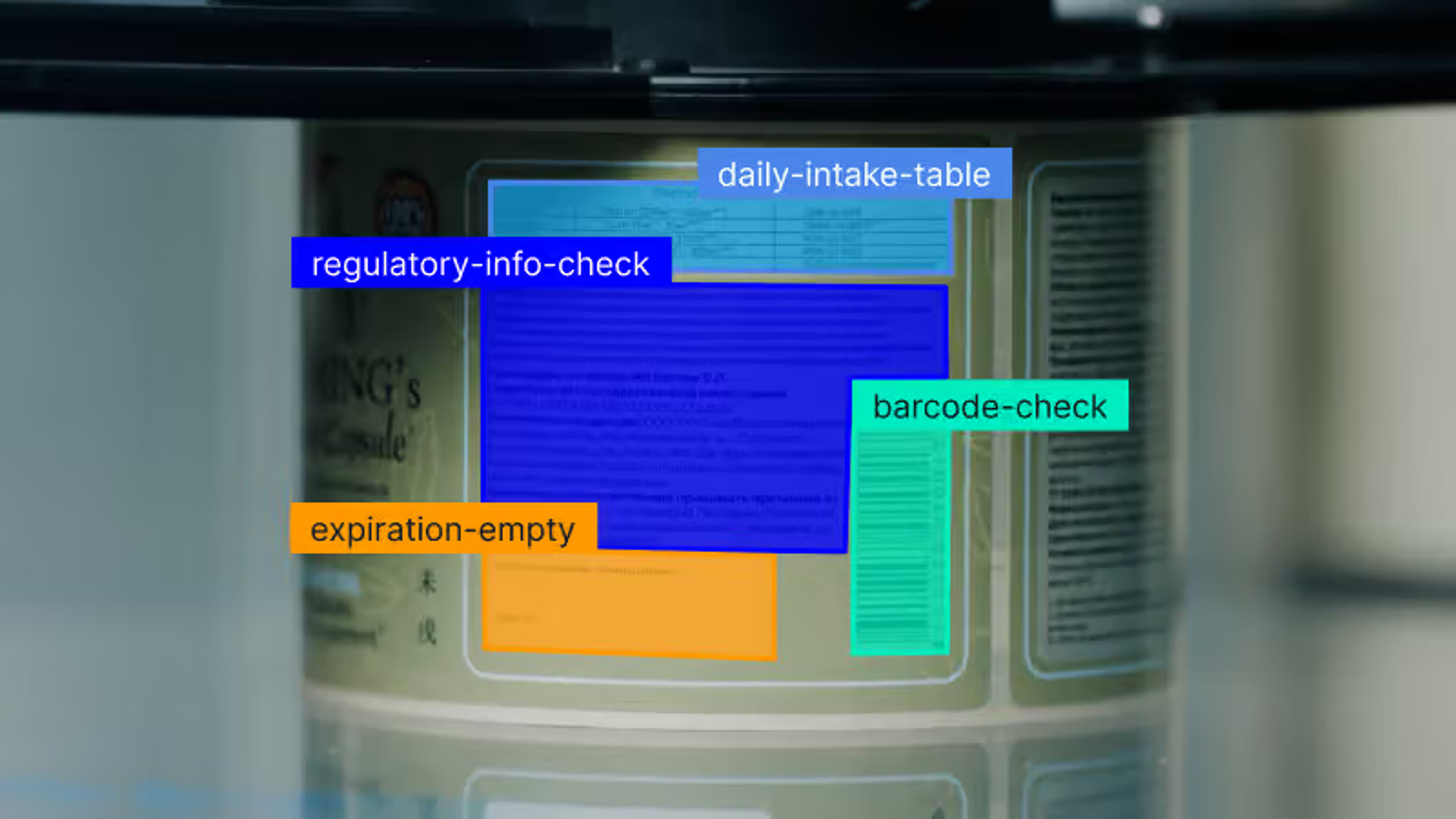 Product label with colored boxes highlighting sections for automated inspection of daily intake, regulatory info, expiration, and barcode.