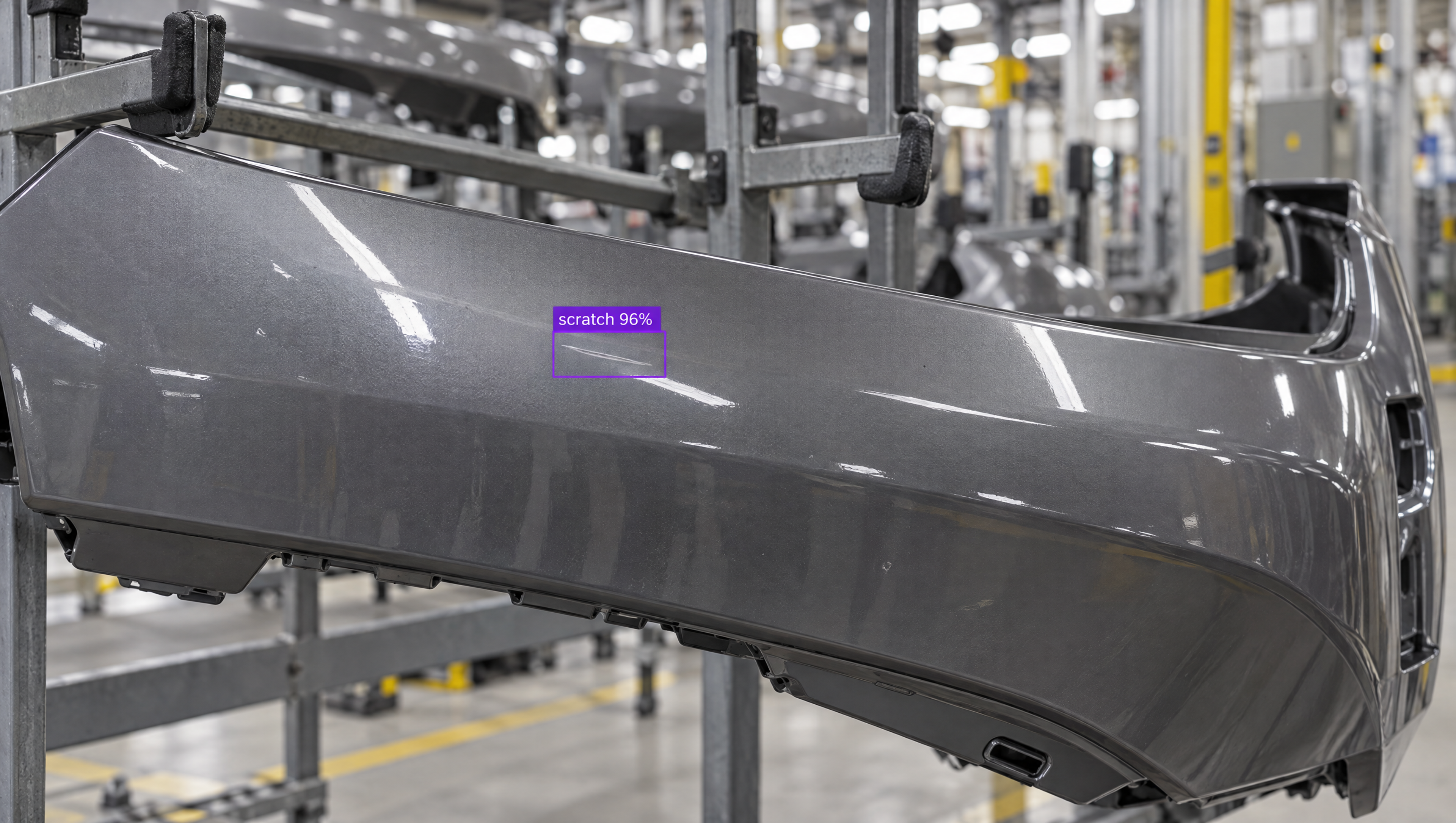 Dark gray car bumper in a factory, with a purple box indicating a "scratch 96%" defect.