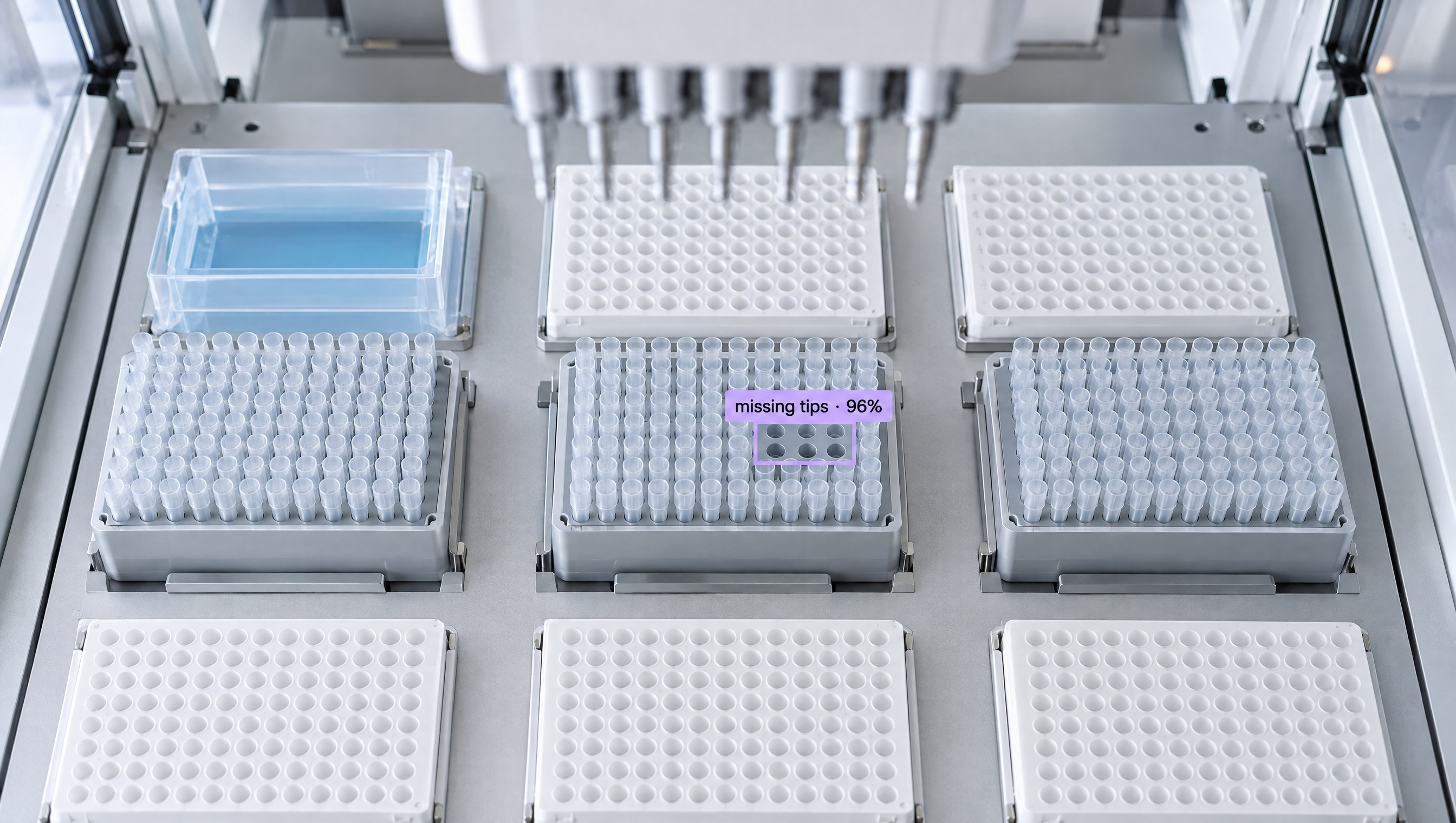 Automated lab system with well plates and pipette tip racks, showing an AI detection highlighting 'missing tips'.