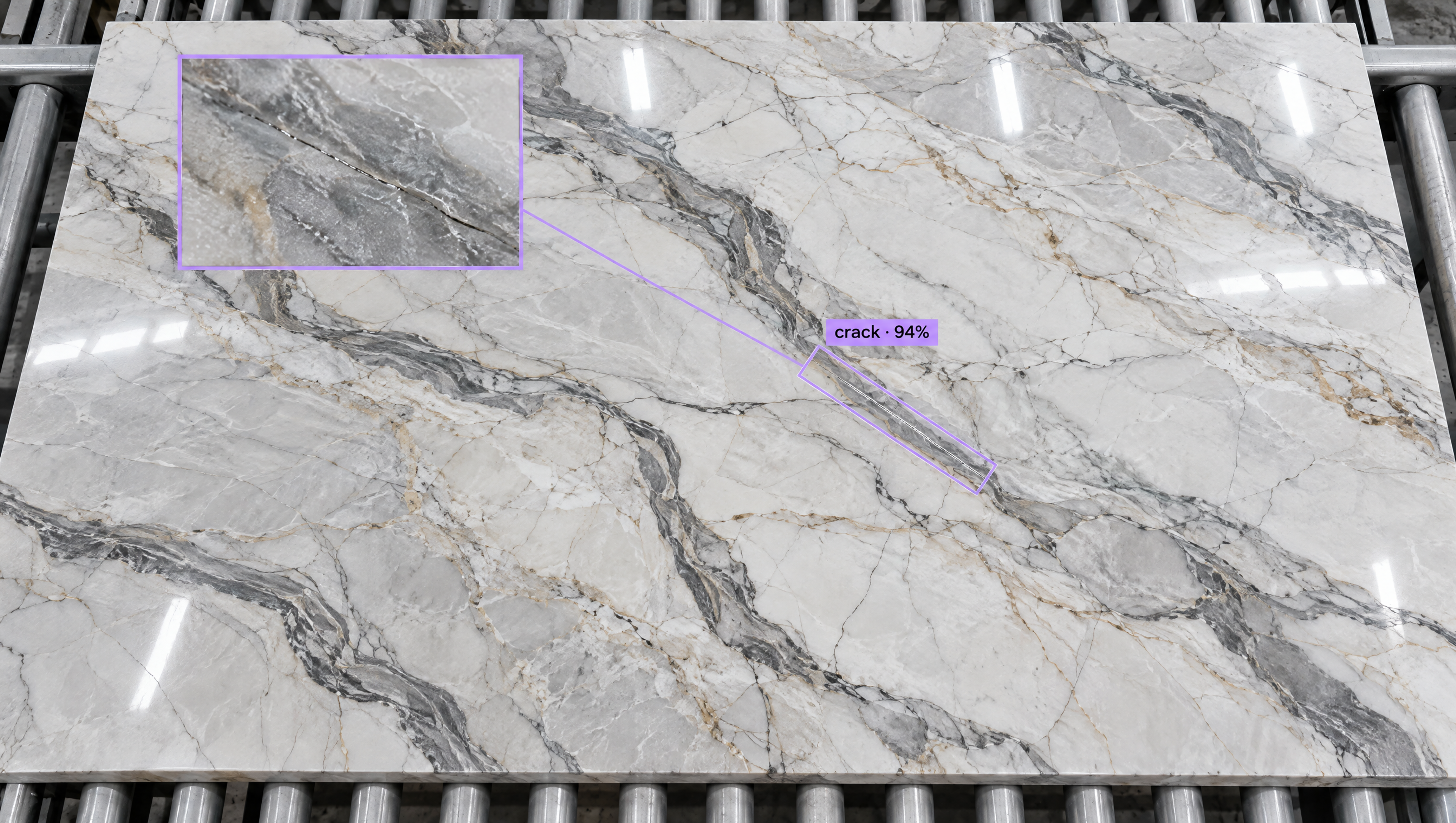 White marble slab on rollers with AI detection highlighting a crack (94% confidence) and a magnified inset.
